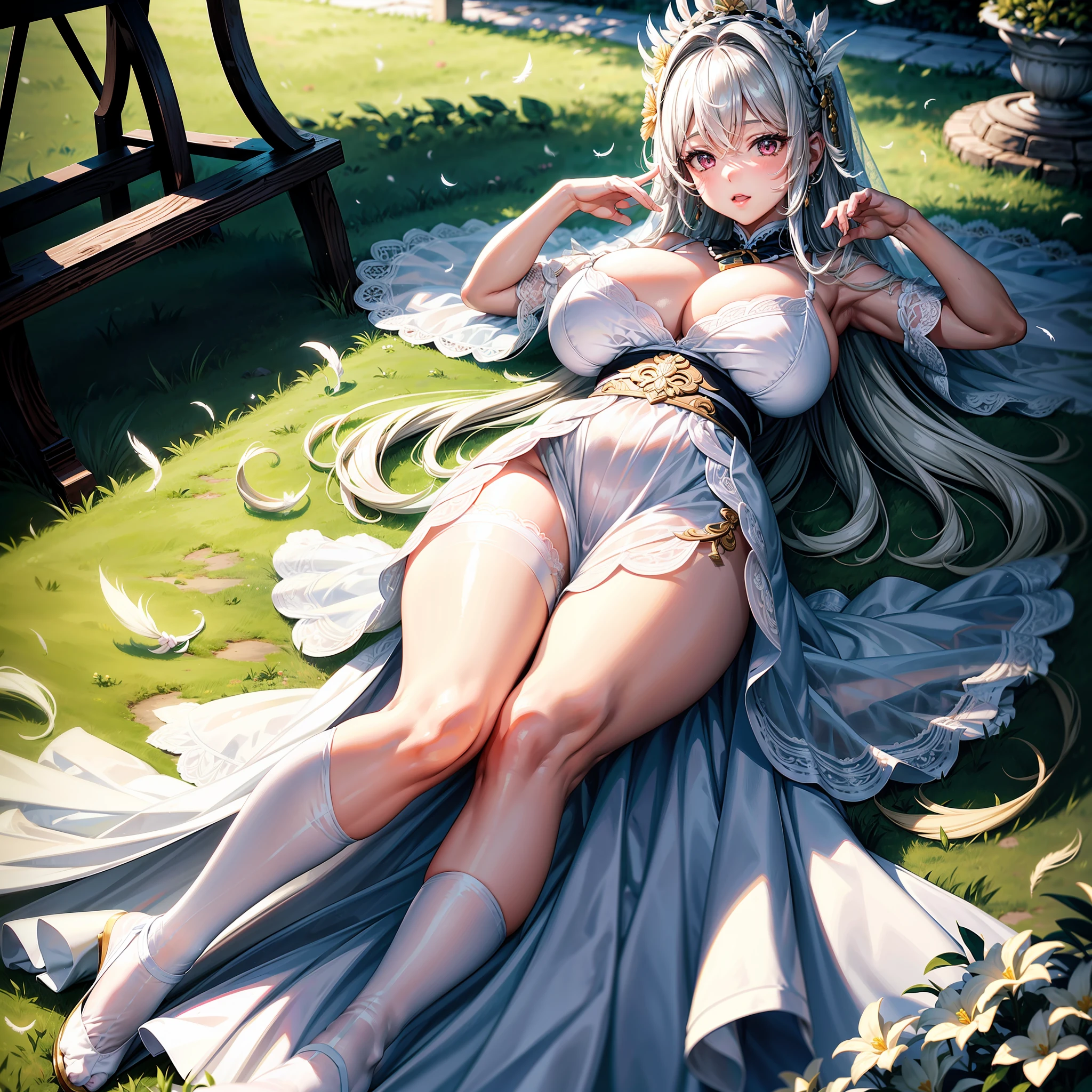 1girll,独奏,on the garden,lying on the grass ground,cabelos preto e longos,feathered headdress,White wedding dress,white stockings, huge breaavage,Fus,Childlike big breasnk eyes,A expression,Bare feet,Fulody photo