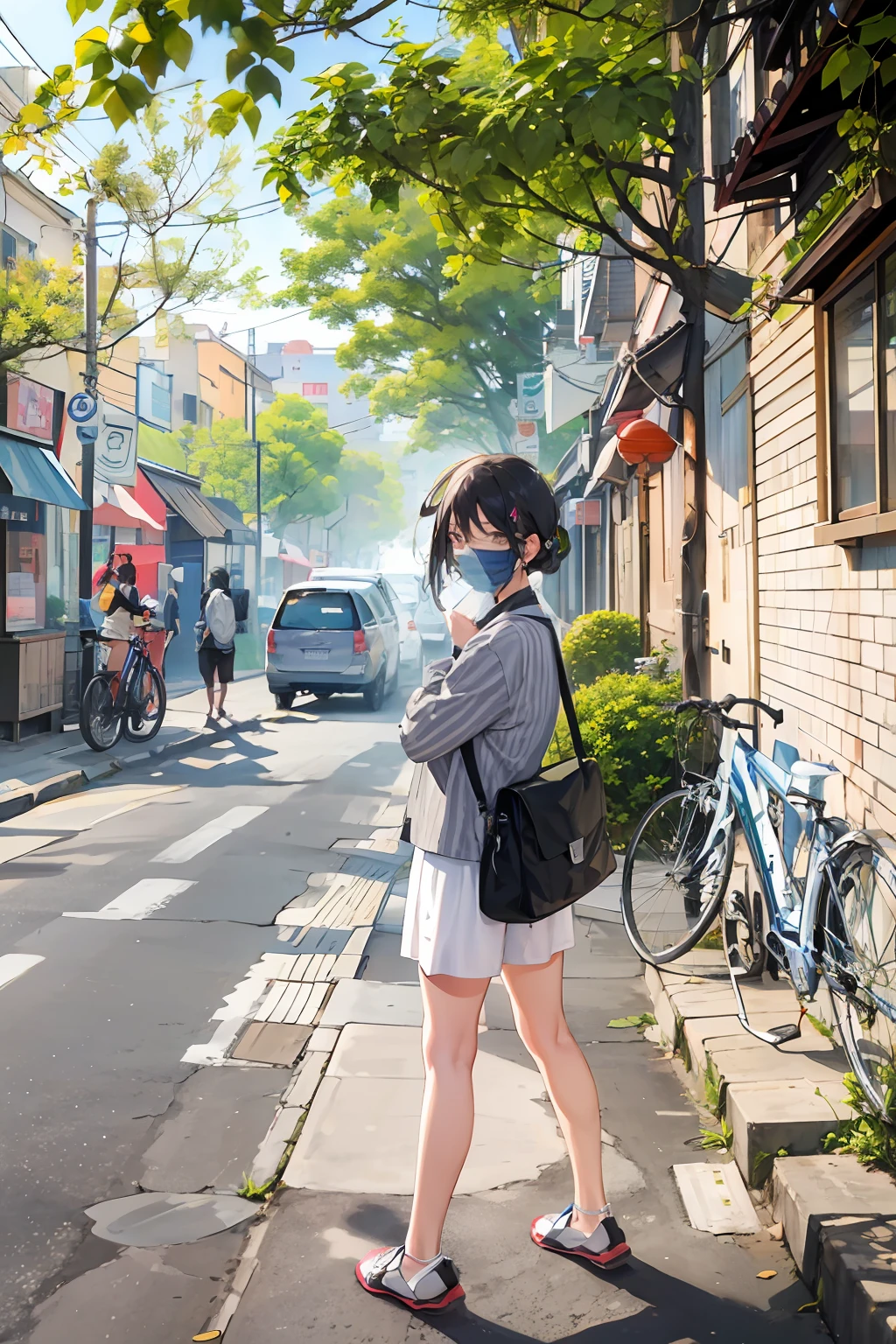 Woman in black and white striped shirt and white shoes, A Gray Sports Shorts,wearing facemask and sunglasses, wearing face mask, which stands on the street, in city street, street pic, which stands on the street, Have on the street, Wearing a mask, wearing face mask, standing on a city street, standing in an alleyway,Black satchel,Turn around and look at the camera,Beijing Hutong,with people coming and going,Big tree in background,Bikes parked on the side of the road