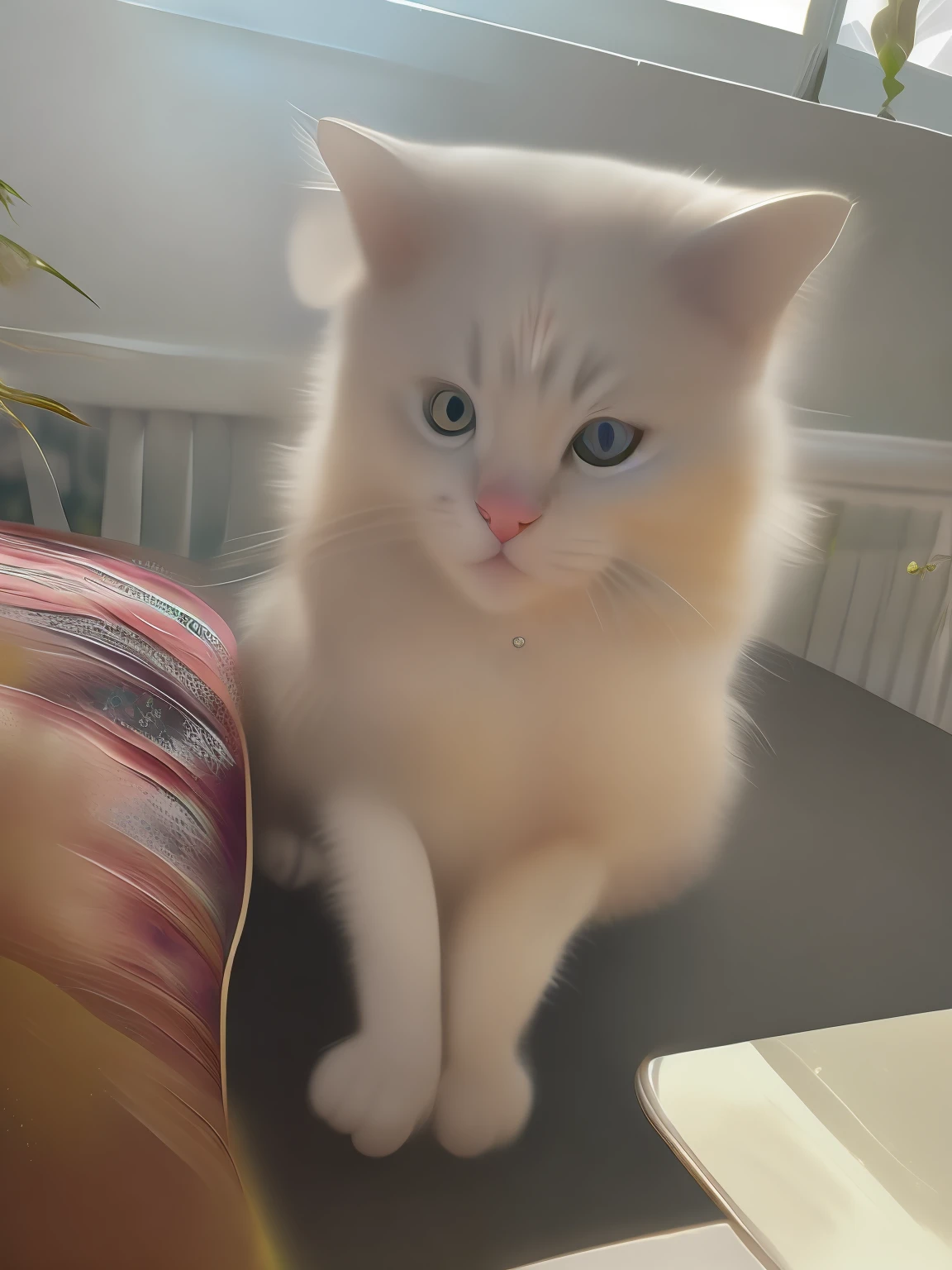 Very cute furry white tropical punk kitten, big eyes, flowers, bushes, full body, open mouth, laugh, professional light, depth of field 8k, golden magic moment, professional photography, octane rendering, super realistic - amazing sunlight, dynamic composition, photography, sharp focus, background bokeh, open mouth, laugh !!!