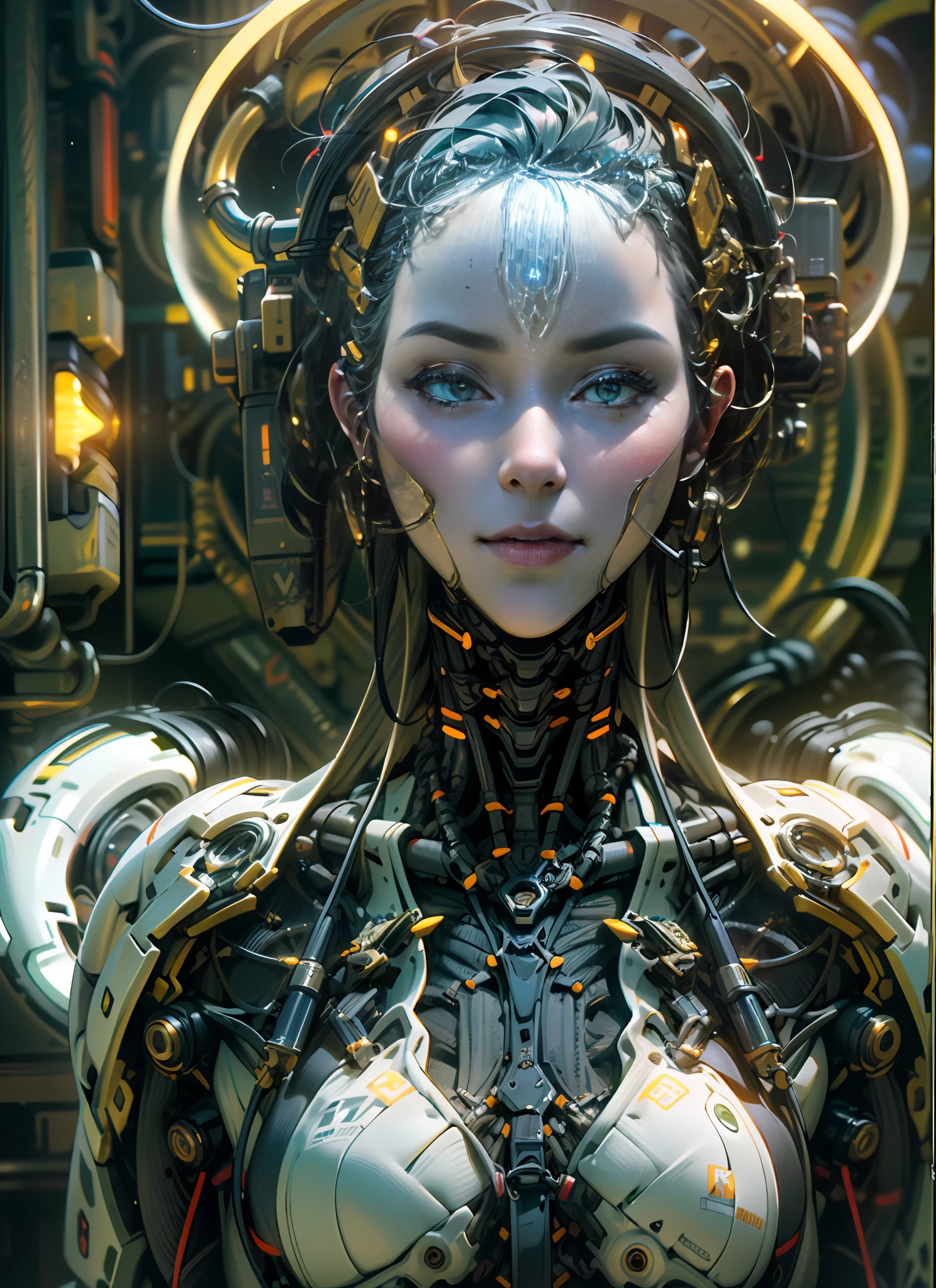 Top Quality, Masterpiece, Ultra High Resolution, ((Photorealistic: 1.4), Raw Photo, 1 cyberpunk android Girl, ((portrait)), Glossy Skin, (Ultra Realistic Details)), mechanical limbs, tubes connected to the mechanical parts, mechanical vertebrae attached to the spine, mechanical cervical attachment to the neck, wires and cables connecting to the head, Evangelion, ((Ghost in the Shell)), small glowing LED lamps, global lighting, deep shadows, Octane Rendering, 8K, Ultra Sharp, Metal, Intricate Ornament Details, baroque details, Very intricate details, realistic light, CGSoation trend, facing the camera, neon details, (android manufactory in background), art by H.R. Giger and Alphonse Mucha.