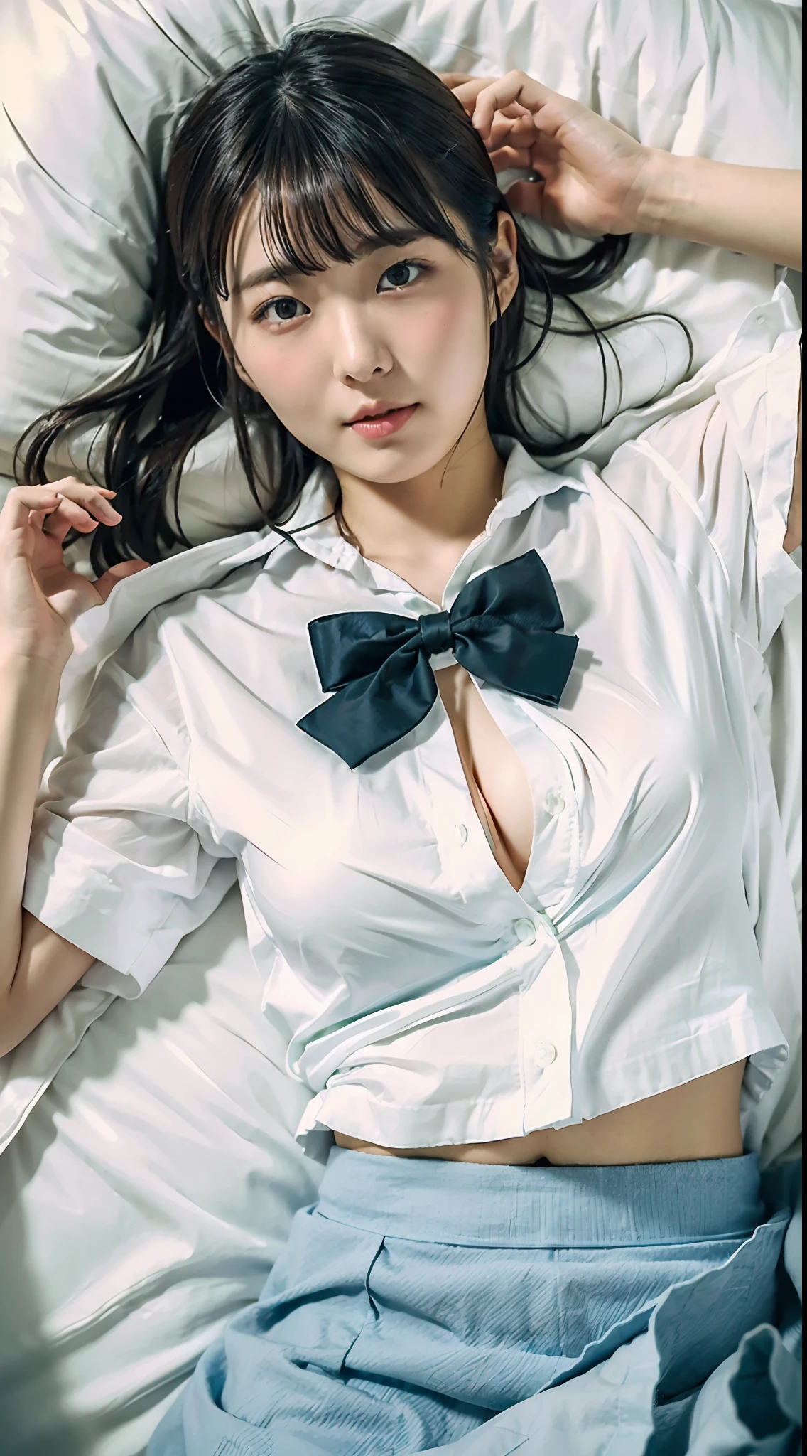ulzzang -6500-v1.1, (Raw foto:1.2), (Photorealsitic:1.4), a beautiful detailed girl, extremely detailed eye and face, beatiful detailed eyes、ighly detailed, top-quality, [​masterpiece:1.6], finely detail, Cinematographic lighting, (1girl in、1 person:1.3)、、(perfect body type:1.5)、[Japanese high school  girl:1.8]、[ultra gigantic tits、I-Cup、Incredibly large breasts、Colossal tits、J-Cup:1.8]、(Sweating and getting wet)、[sexual excitement:1.4]、(Lying on your back on the bed、lie down on her back:1.4)、(Uniform bow tie)、(Well-formed face、big eye:1.4)、(dynamicposes、FULL BODYSHOT、white  shirt、no  skirt、panties on:1.3)