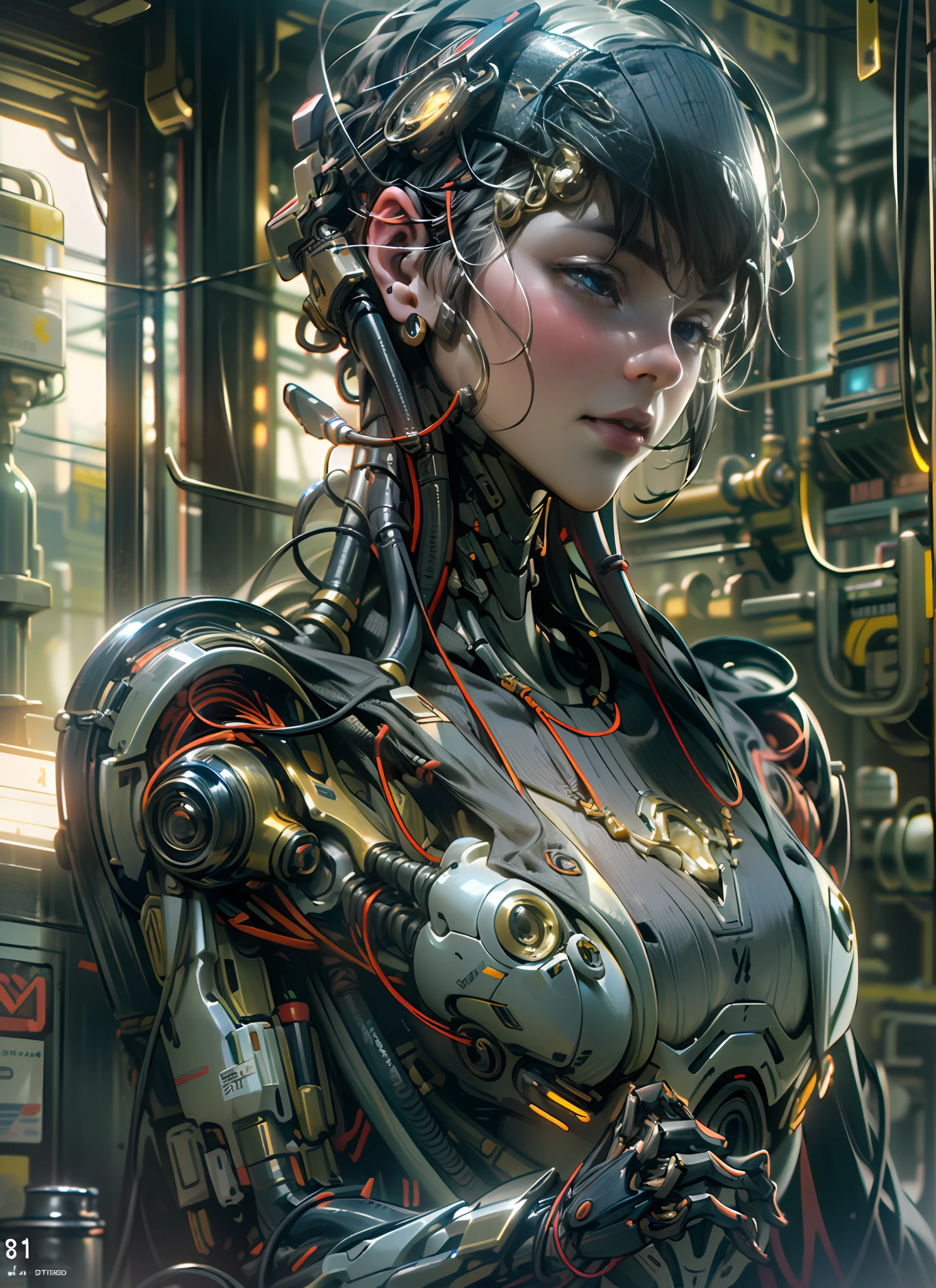 Top Quality, Masterpiece, Ultra High Resolution, ((Photorealistic: 1.4), Raw Photo, 1 cyberpunk android Girl, ((portrait)), Glossy Skin, (Ultra Realistic Details)), mechanical limbs, tubes connected to the mechanical parts, mechanical vertebrae attached to the spine, mechanical cervical attachment to the neck, wires and cables connecting to the head, Evangelion, ((Ghost in the Shell)), small glowing LED lamps, global lighting, deep shadows, Octane Rendering, 8K, Ultra Sharp, Metal, Intricate Ornament Details, baroque details, Very intricate details, realistic light, CGSoation trend, facing the camera, neon details, (android manufactory in background), art by H.R. Giger and Alphonse Mucha.