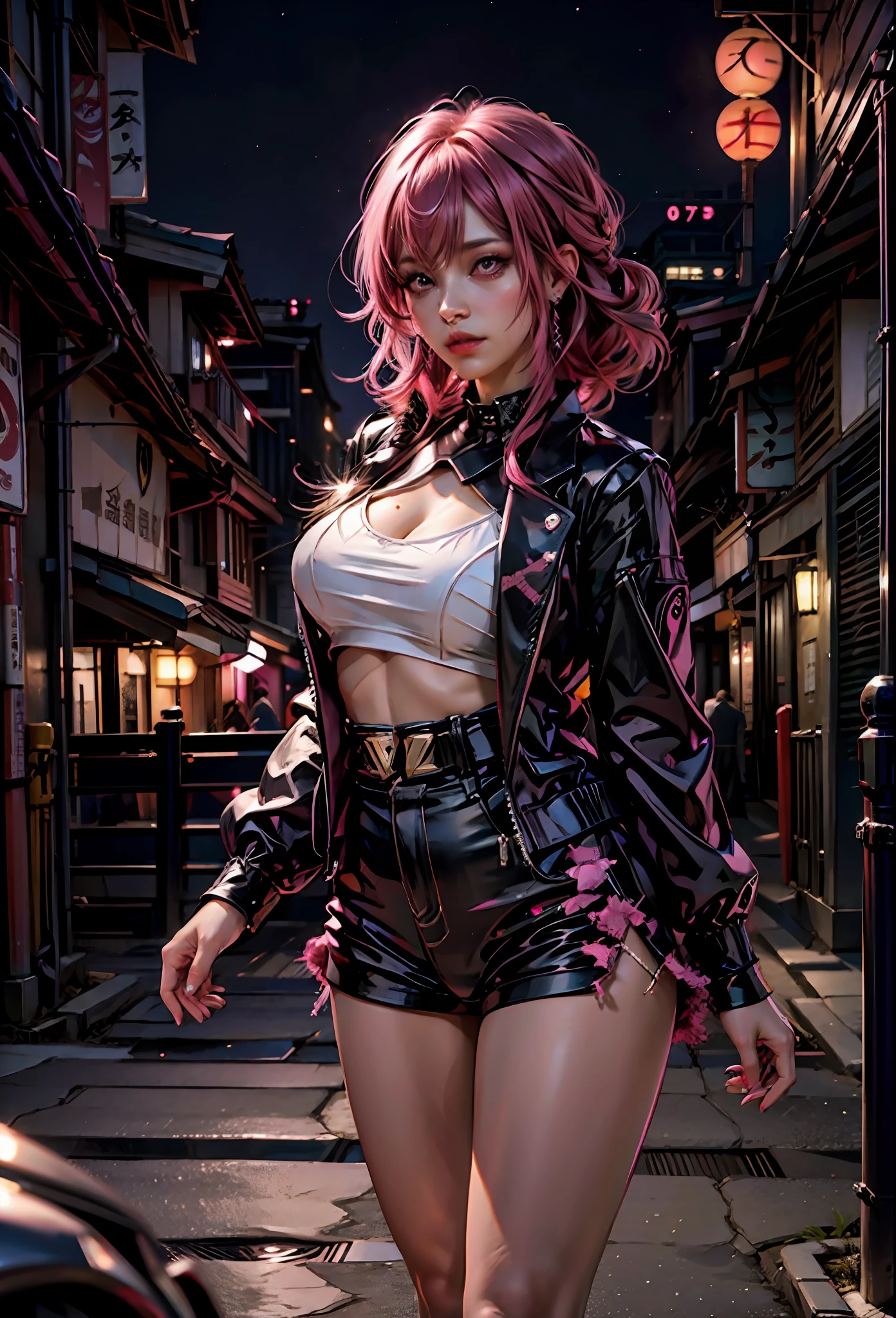 Sexy girl with pink hair, pink eyes , Revealing clothes, in the background japanese city at night,next to a lamborghini