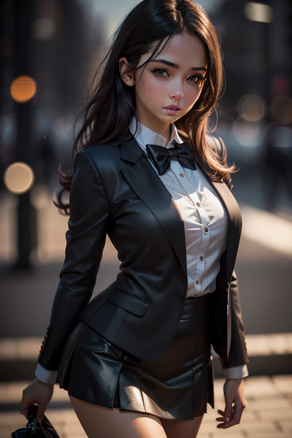 best quality, masterpiece, 1girl, Beautiful face, (photo realistic:1.3), rim lighting, (high detailed skin:1.2), 8k uhd, dslr, high quality, high resolution, 4k, 8k, Bokeh,  absurdres, best ratio four finger and one thumb, (realistic:1.3), cute 1girl, wearing black formal blazer, , short skirt,