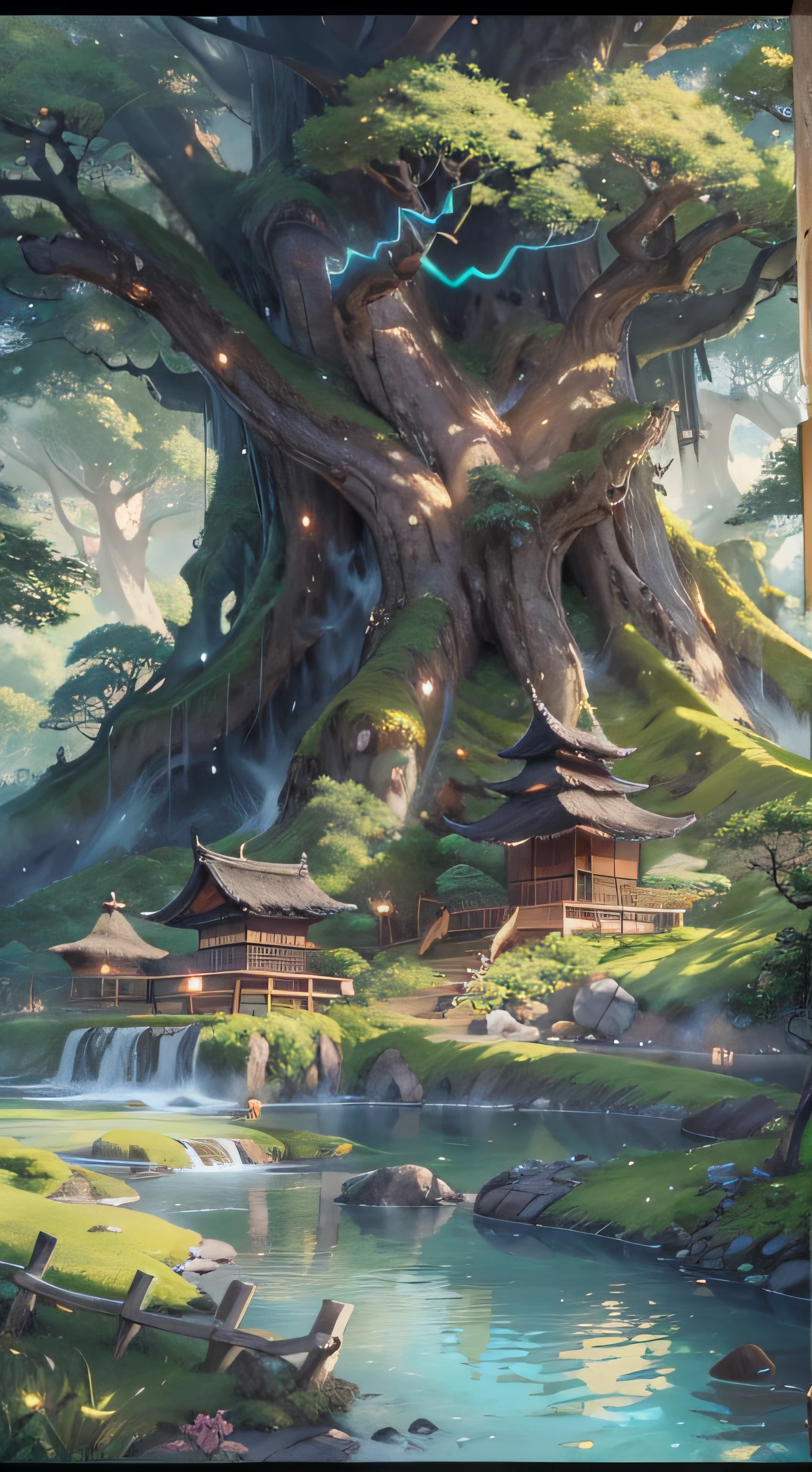 （tmasterpiece、best qualtiy）A huge ancient tree（（Glowing spirit tree、with light glowing））、illumination、thatched hut、springtime、jungles、lakes、grassy fields、Rochas、hot onsen、hydrosphere、surrounded by cloud，（illustratio：1.0）、Epic composition、Realistic lighting、high definition detail、high definition resolution，8K wallpaper