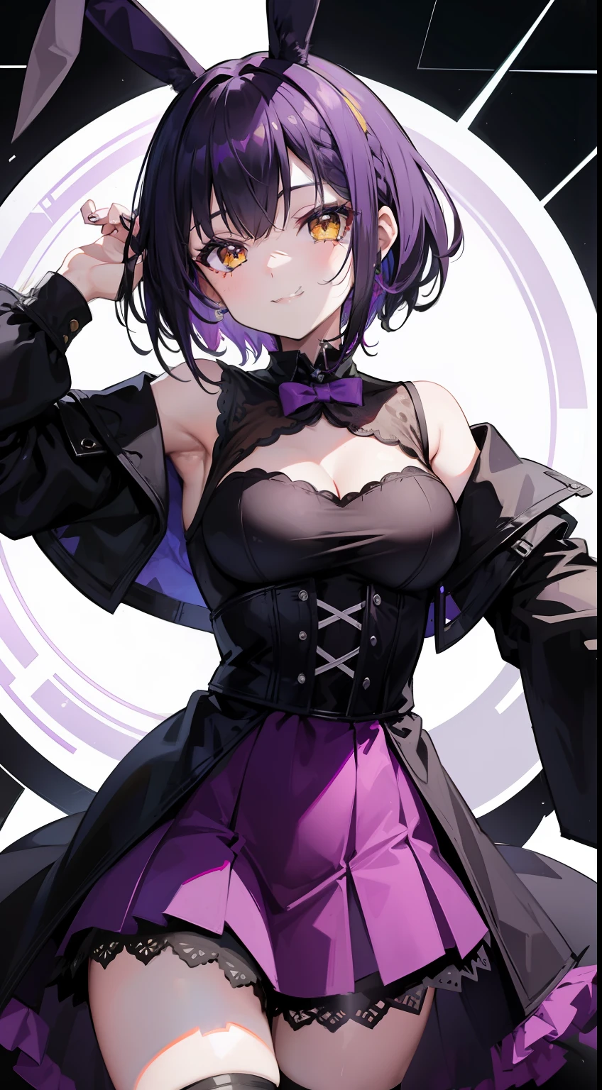 young girl, short black and purple hair, Short braid, bunny ears, Yellow eyes, purple lipstick, Gothic dress, open breasts, Smile, Masterpiece, hiquality