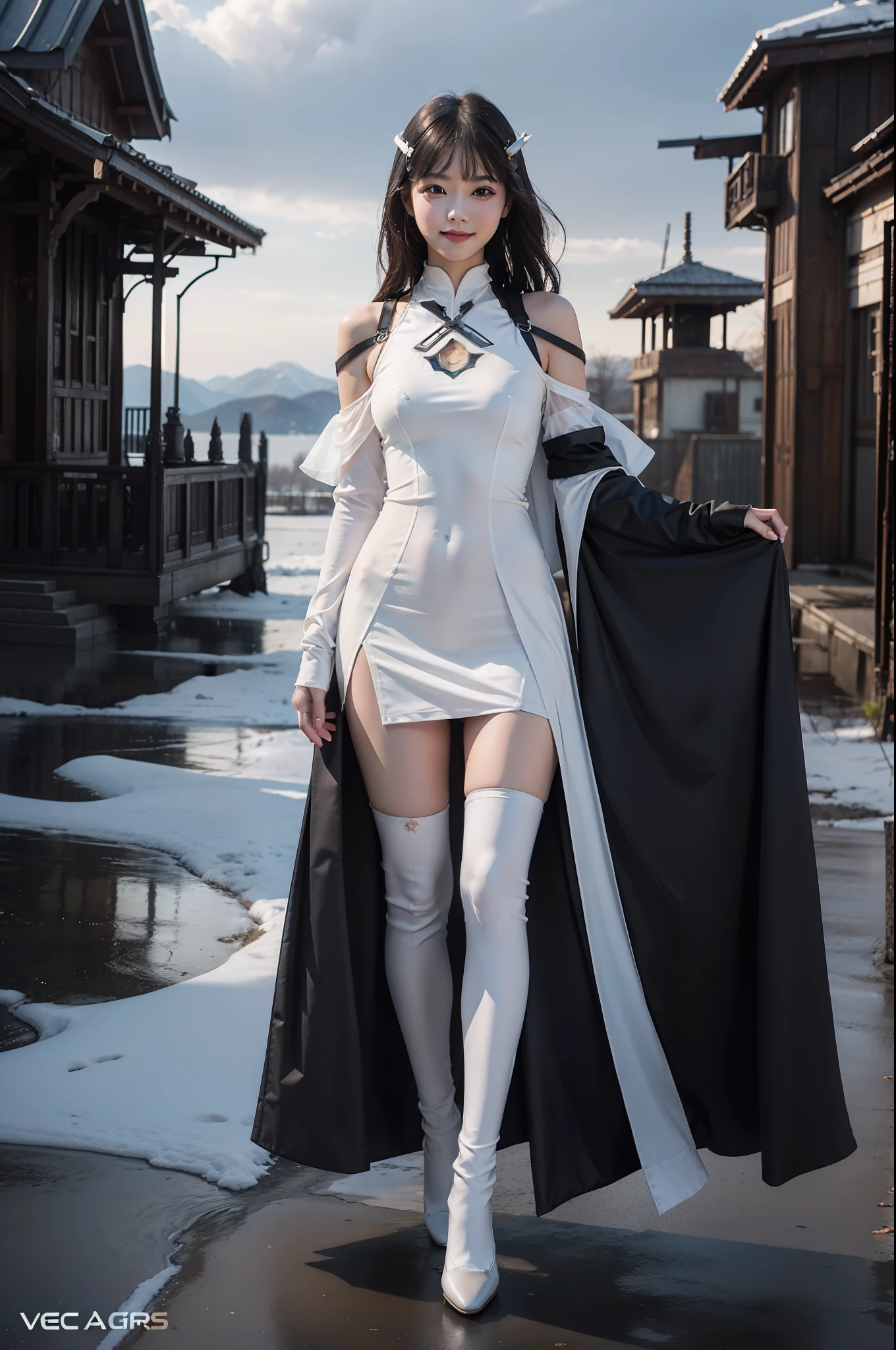 Delicate girl,Delicate face,dangers,Evil smiled,sweet,Shoot from a distance,Full body photo,Authentic photo texture,mechs,Cyber,white apparel,cg,Beautiful view,4k,Master detailing,tmasterpiece