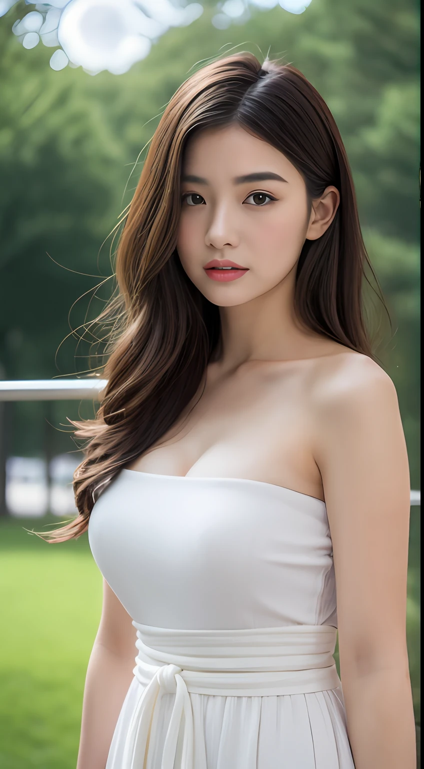 Anatomically normal,(best qualtiy,8K,32K,tmasterpiece,hyper HD:1.3),Attractive Japanese woman,(above waist:1.3),one-girl,(middlebreast:1.1),perfect bodies,(Dress:1.3),Super detailed face,Detailed lips,Fine Eye,二重まぶた,(rain,Urban parks:1.3),(Moonlight:1.3)