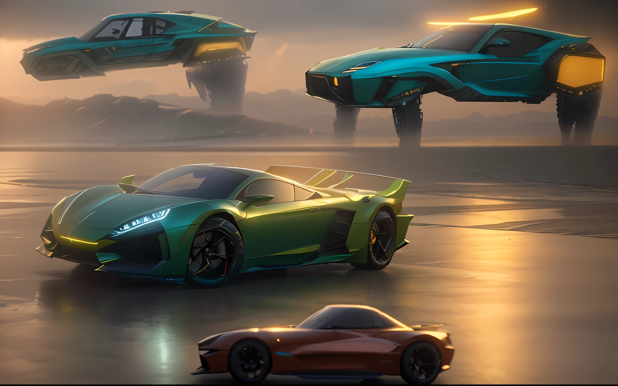 Photorealistic, ,Best quality,Masterpiece,Highly detailed,Ultra-detailed,Futuristic sports car for cyberpunk cities. 4K 3D Rendering Unreal Engine 5 Render with Blender and Octane Surrealist global illumination from photorealistic Greg Rutkowski Loish Raders Ferdinand Naboo Makoto Shinkai Tako Trends on CGhSociety
