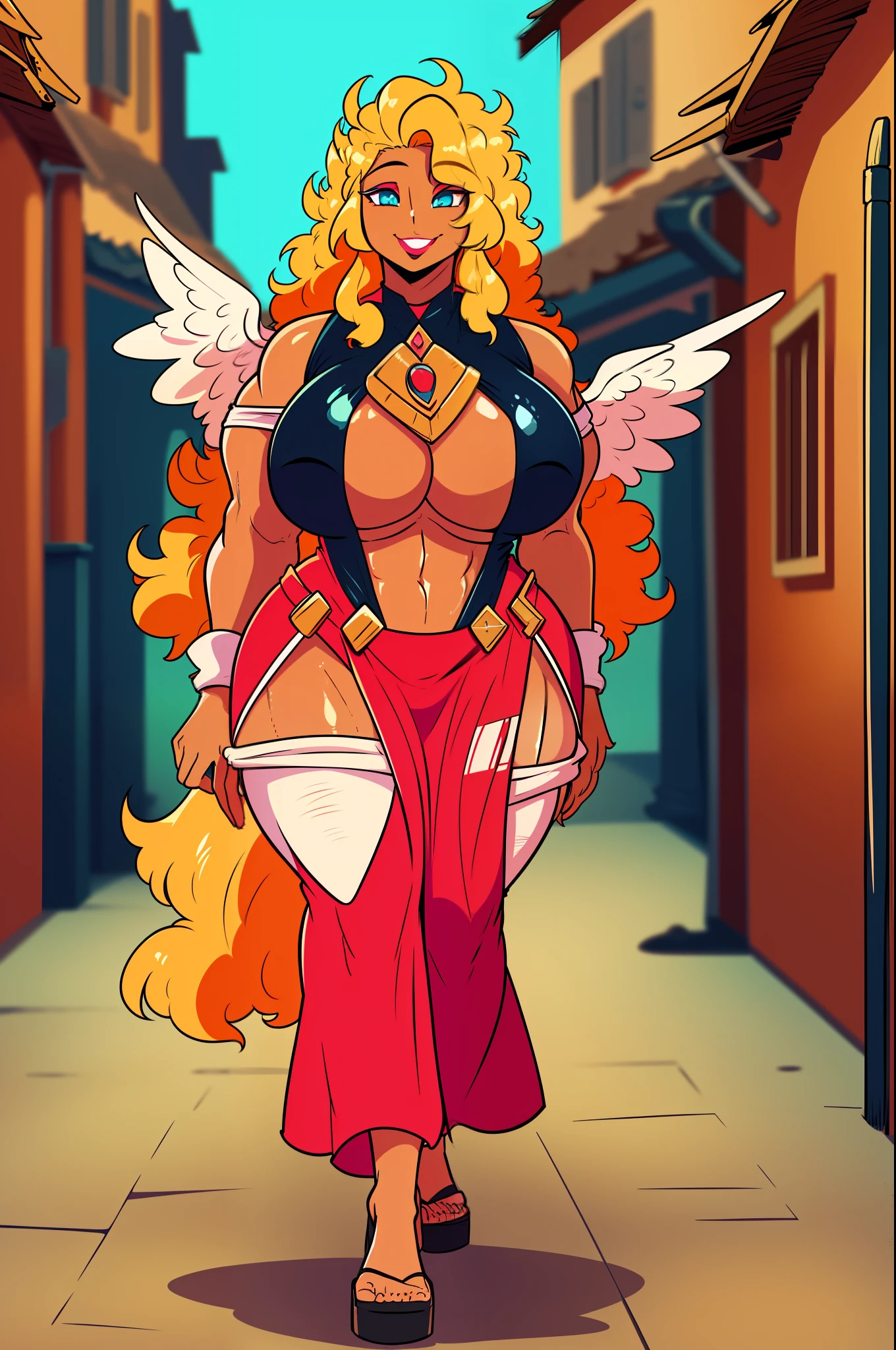 blond hair, sexy hair, muscle girl huge breast, revealing cloths, darkskinned-female, makeup, red lips, bimbo, angel, cupidon, long dress, walking, angel wings, pants, , flip flops, smile, medieval village