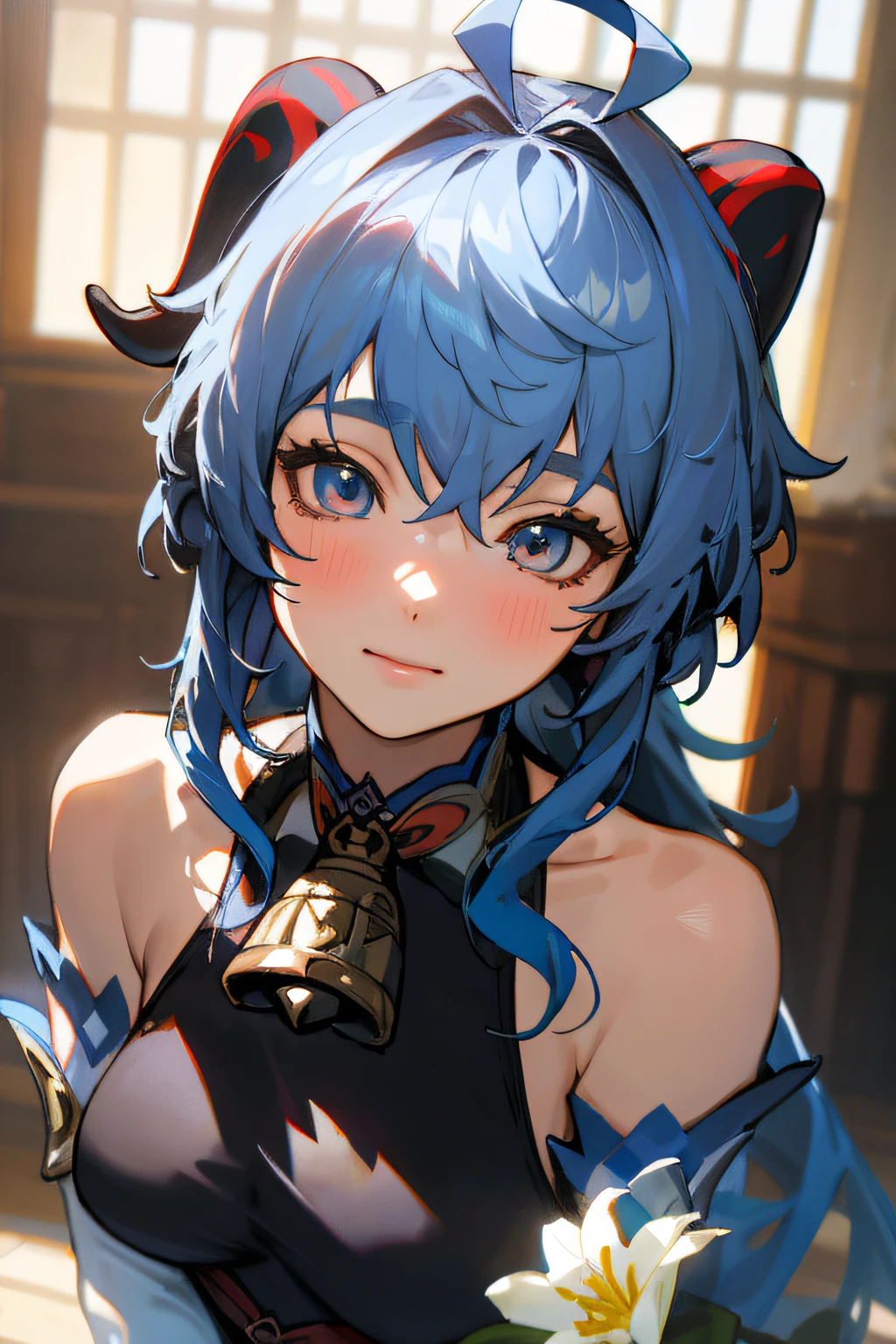 (photorealistic:1.4), (masterpiece, sidelighting, finely detailed beautiful eyes: 1.2), masterpieceportrait, realistic, 3d face, 
ganyu \(genshin impact\), 1girl, ahoge, architecture, bangs,  shoulders, bell, black gloves, black pantyhose, (blue hair), blush, , chinese knot, detached sleeves, flower knot, gloves, horns, long hair, looking at viewer, , neck bell