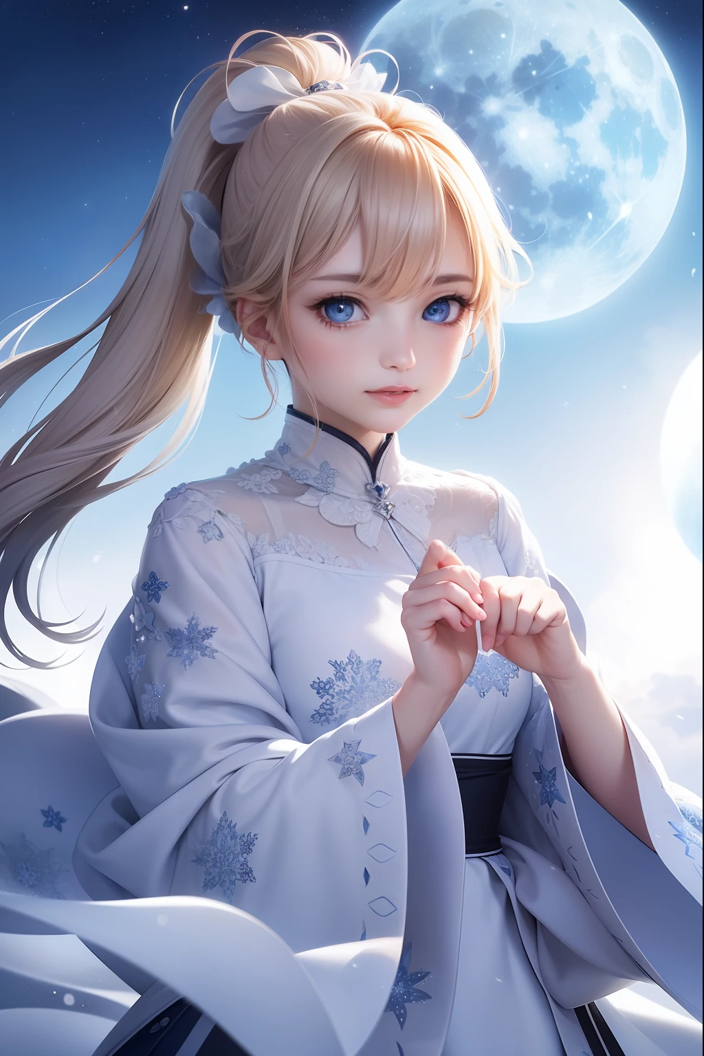 ​masterpiece、(top-quality:1.2)、(ultra-detailliert:1.2)、illustratio、(extremely delicate and beautiful:1.2)、scinematic angle、floating、(beatiful detailed eyes:1.1)、(Detailed light:1.1)、Cinematic lighting、Beautifully detailed sky、femele、a blond、blue eyess、(High ponytail:1.1)、cloaks、radiant eyes、(a moon:1.2)、(rays of moonlight:1.1)、starrysky、(lighting particle:1.1)、foggy、Snow painting、Sketched、florals