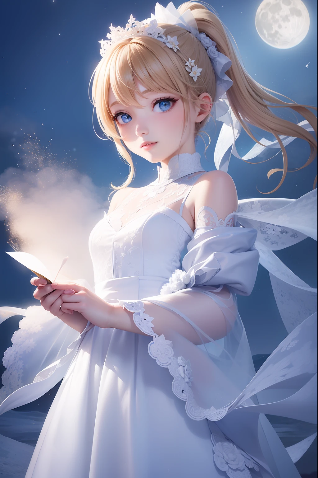 masterpiece、(top-quality:1.2)、(ultra-detailliert:1.2)、illustratio、(extremely delicate and beautiful:1.2)、scinematic angle、floating、(beatiful detailed eyes:1.1)、(Detailed light:1.1)、Cinematic lighting、Beautifully detailed sky、femele、a blond、blue eyess、(High ponytail:1.1)、cloaks、radiant eyes、(a moon:1.2)、(rays of moonlight:1.1)、starrysky、(lighting particle:1.1)、foggy、Snow painting、Sketched、florals