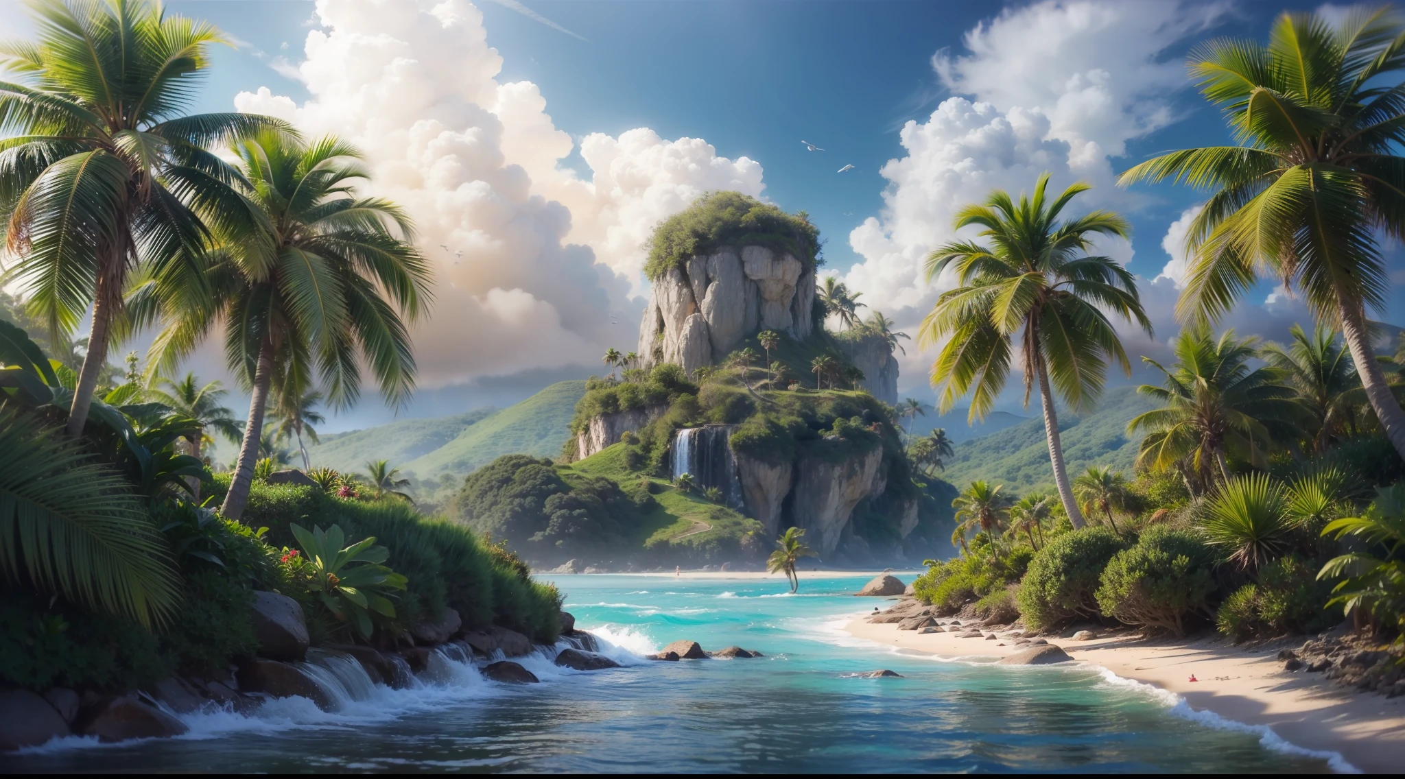 An island with palm trees and some small trees, tropical island, epic matte painting of an island, sima, island background, An island floating in the air, On the island, Island scenery, Tropical Location, uninhabited island, Blue Sea Island, tropical paradise, A highly detailed paradise, islands!!!!!, floating island in the sky, Floating Island, One-person viewpoint, canon, High quality, Best Quality, hight resolution, 8K, nffsw, Super Detail