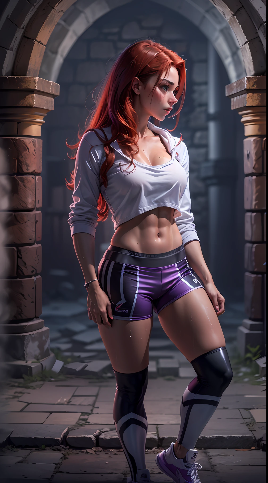 Ultra realistic , high resolution , ultra 8K , Redhead woman , 25 years old , sweaty skin , athletic body , dark purple and silver shorts , white shorts , sexy King clothes, Ultra resolution , dungeon castle , sex pose , athletic body