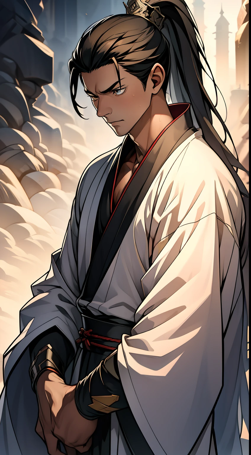 quadratic element,style of anime,mtu(Male Warrior),The proportions are correct,Face details,swordsmen,High ponytail hairstyle,Neck details,There is an Adam's apple,Black Hanfu,kaftan,Embroidered robes,Black robe,clothes details,Handing over,longer sleeves,Game quality,Swordsmanship,Light and shadow tracking,Ray traching,detailed glow,cg render,hair detail,long white hair,Black eyes,Handsome,Handsome,(juvenile sense),Clothing is complicated,Perfectcomposition,Refinement,high qulity,higher details,Lots of details,The background is complex,a sense of atmosphere,