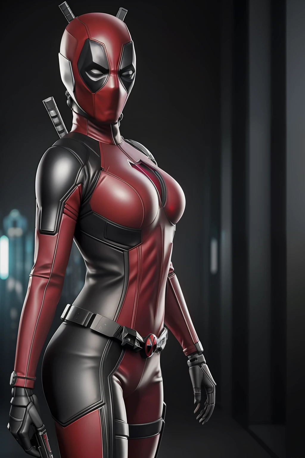 cidade nova ioque, quadrado do tempo, foto de Mulher vestida como Deadpool da Marvel,
Biomechanicals, complex robot, crescimento pleno,
hyper-realistic, pequenos detalhes insanos,
Extremely sharp lines, Cyberpunk aesthetics,
uma obra-prima apresentada em Zbrush Central