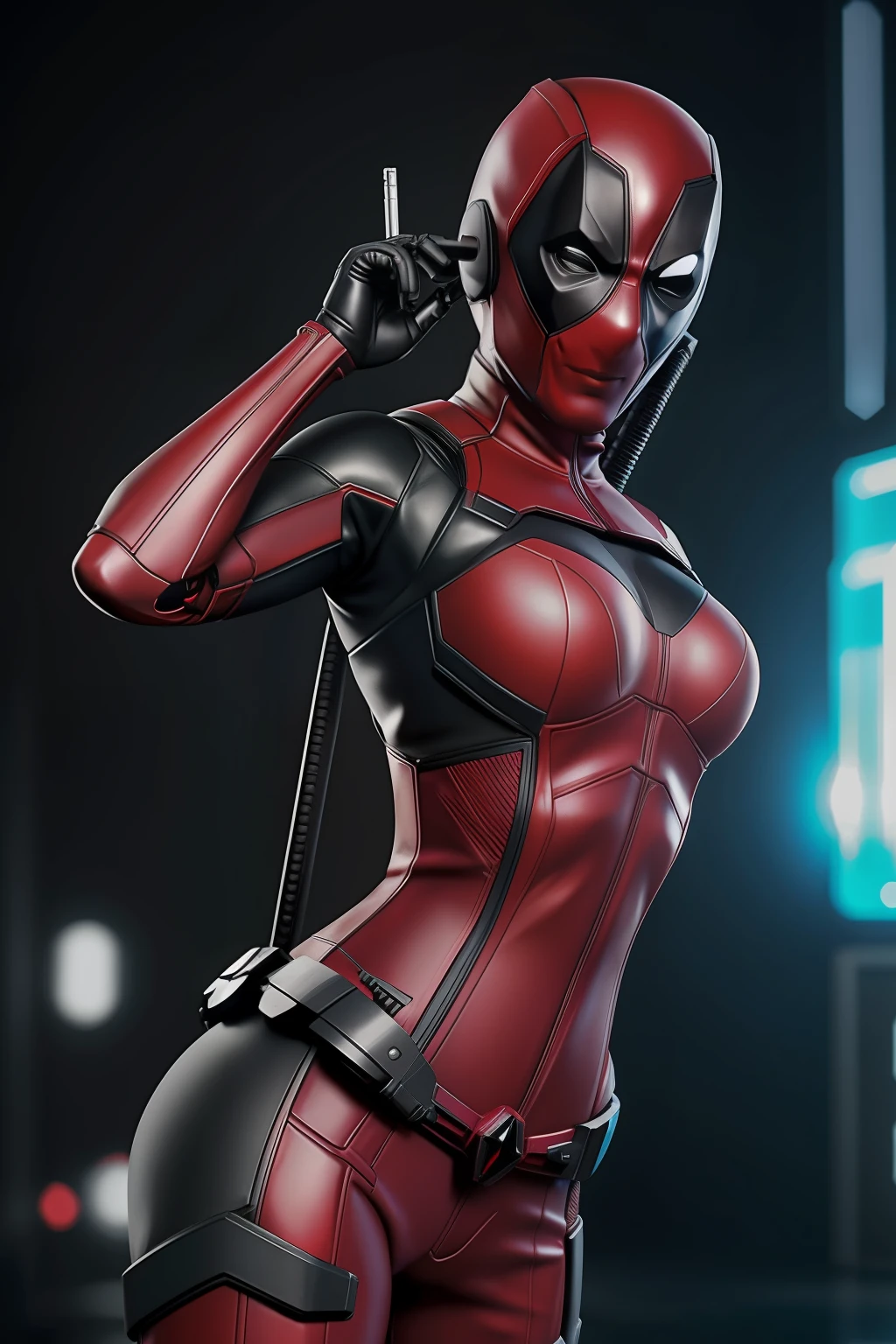 cidade nova ioque, quadrado do tempo, foto de Mulher vestida como Deadpool da Marvel,
Biomechanicals, complex robot, crescimento pleno,
hyper-realistic, pequenos detalhes insanos,
Extremely sharp lines, Cyberpunk aesthetics,
uma obra-prima apresentada em Zbrush Central