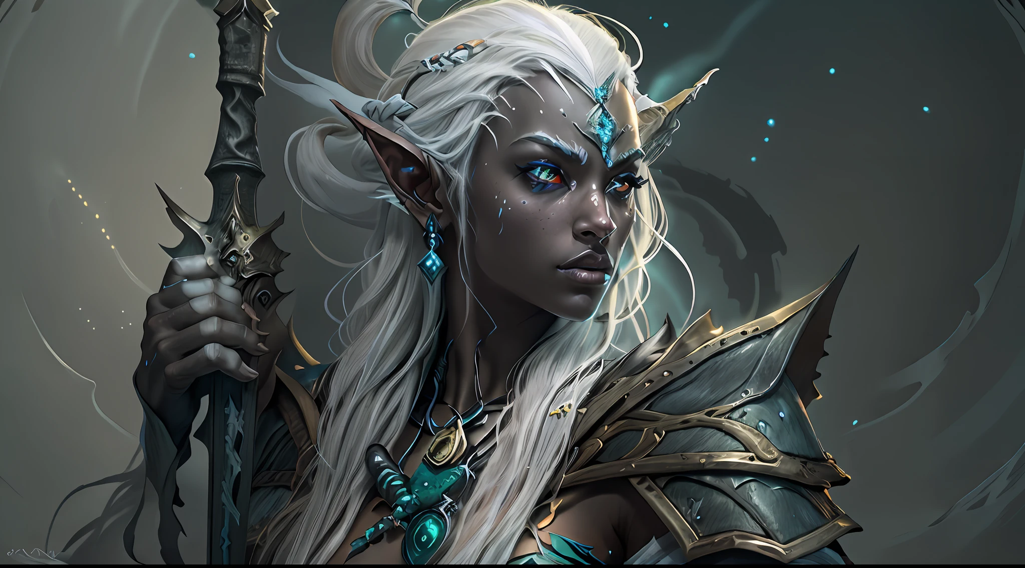 8k, ultra detailed, masterpiece, best quality, high details, best quality, highres, 1080P, 8k, 3D rendering, photorealism, anatomically correct, fantasy art, RPG art, epic female dark elf, drow elf (intense details, Masterpiece, best quality: 1.5), epic ranger (intense details, Masterpiece, best quality: 1.5), and her epic wolf companion, extremely, beautiful drow elf, female elf (intense details, Masterpiece, best quality: 1.5), ultra detailed face, small pointed ears, black skin, white hair, long hair, braided hair, green eyes (intense details, Masterpiece, best quality: 1.5), intent look, wearing light armor (intense details, Masterpiece, best quality: 1.5), brown armor, wearing black cloak (intense details, Masterpiece, best quality: 1.5),, armed with long sword (intense details, Masterpiece, best quality: 1.5), high quality, magical sword (intense details, Masterpiece, best quality: 1.5), with magical sigils, big grey wolf, epic grey wolf, night time, moon light, stars, fantasy dark forest, trees, sense of fear,