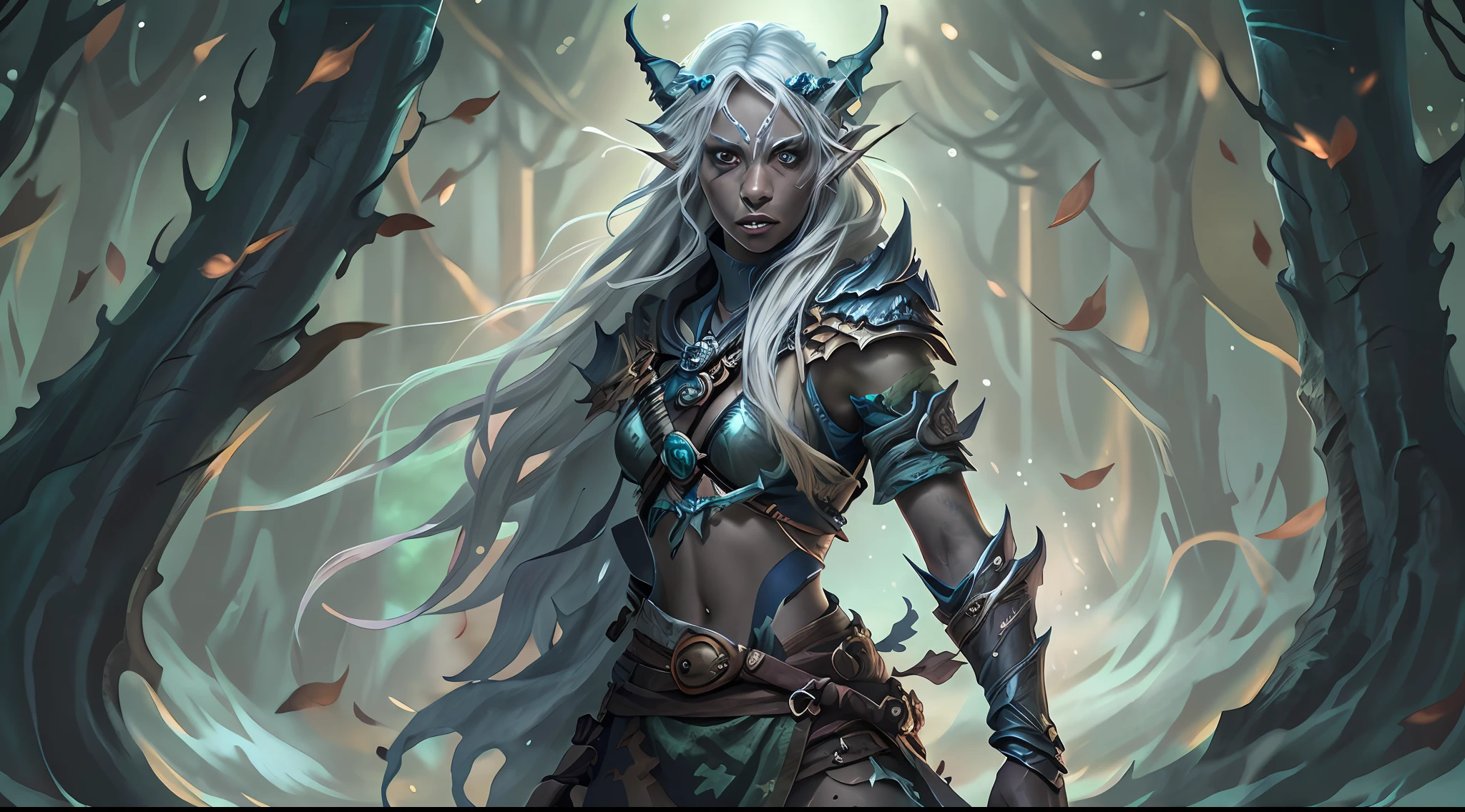 8k, ultra detailed, masterpiece, best quality, high details, best quality, highres, 1080P, 8k, 3D rendering, photorealism, anatomically correct, fantasy art, RPG art, epic female dark elf, drow elf (intense details, Masterpiece, best quality: 1.5), epic ranger (intense details, Masterpiece, best quality: 1.5), and her epic wolf companion, extremely, beautiful drow elf, female elf (intense details, Masterpiece, best quality: 1.5), ultra detailed face, small pointed ears, black skin, white hair, long hair, braided hair, green eyes (intense details, Masterpiece, best quality: 1.5), intent look, wearing light armor (intense details, Masterpiece, best quality: 1.5), brown armor, wearing black cloak (intense details, Masterpiece, best quality: 1.5),, armed with long sword (intense details, Masterpiece, best quality: 1.5), high quality, magical sword (intense details, Masterpiece, best quality: 1.5), with magical sigils, big grey wolf, epic grey wolf, night time, moon light, stars, fantasy dark forest, trees, sense of fear,