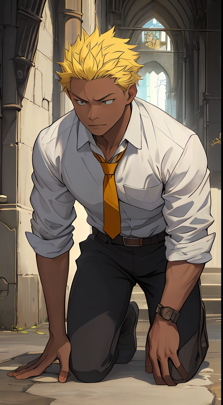 (1 Adult male),A high resolution, Sharp focus, Pixiv masterpiece, ((Complicated details)), highly detailed, natsuki_subaru, 1 man,black-skinned,Defeat, crestfallen,full bodyesbian,kneels on the ground, (A gesture of pleading),blue color eyes(eyes glowing), Short yellow hair,white shirt,Wear a tie,Wear a belt,perspire,look from down