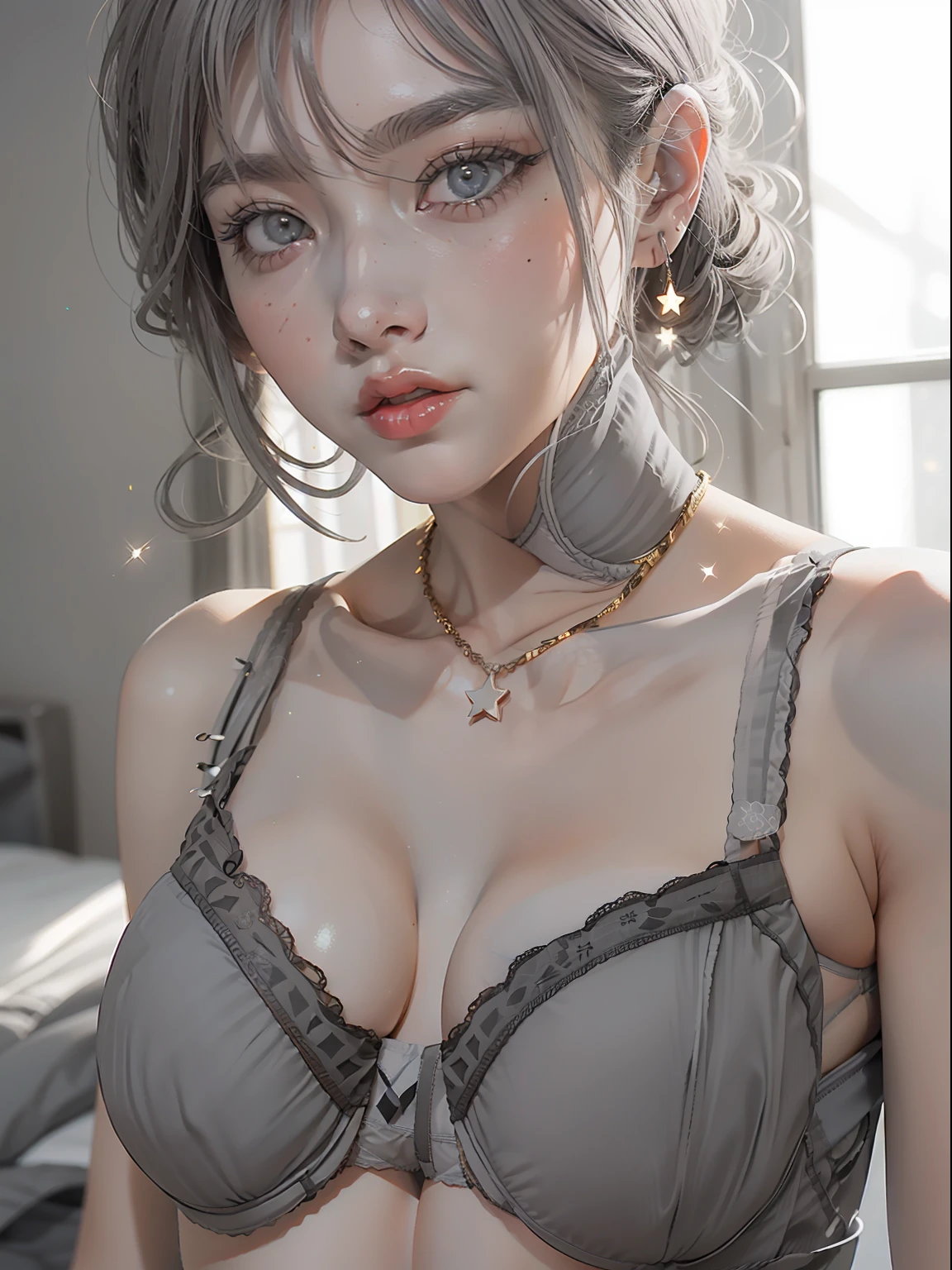 A girl, model, Simple lingerie, simple, (grey underwear:2), no patterned underwear, bra, underwear, tidy room, aesthetic, real photography, soft light, smooth skin, internal light, (glowing skin:1.5), black confetti, yellow decoration, star decoration, glittery,