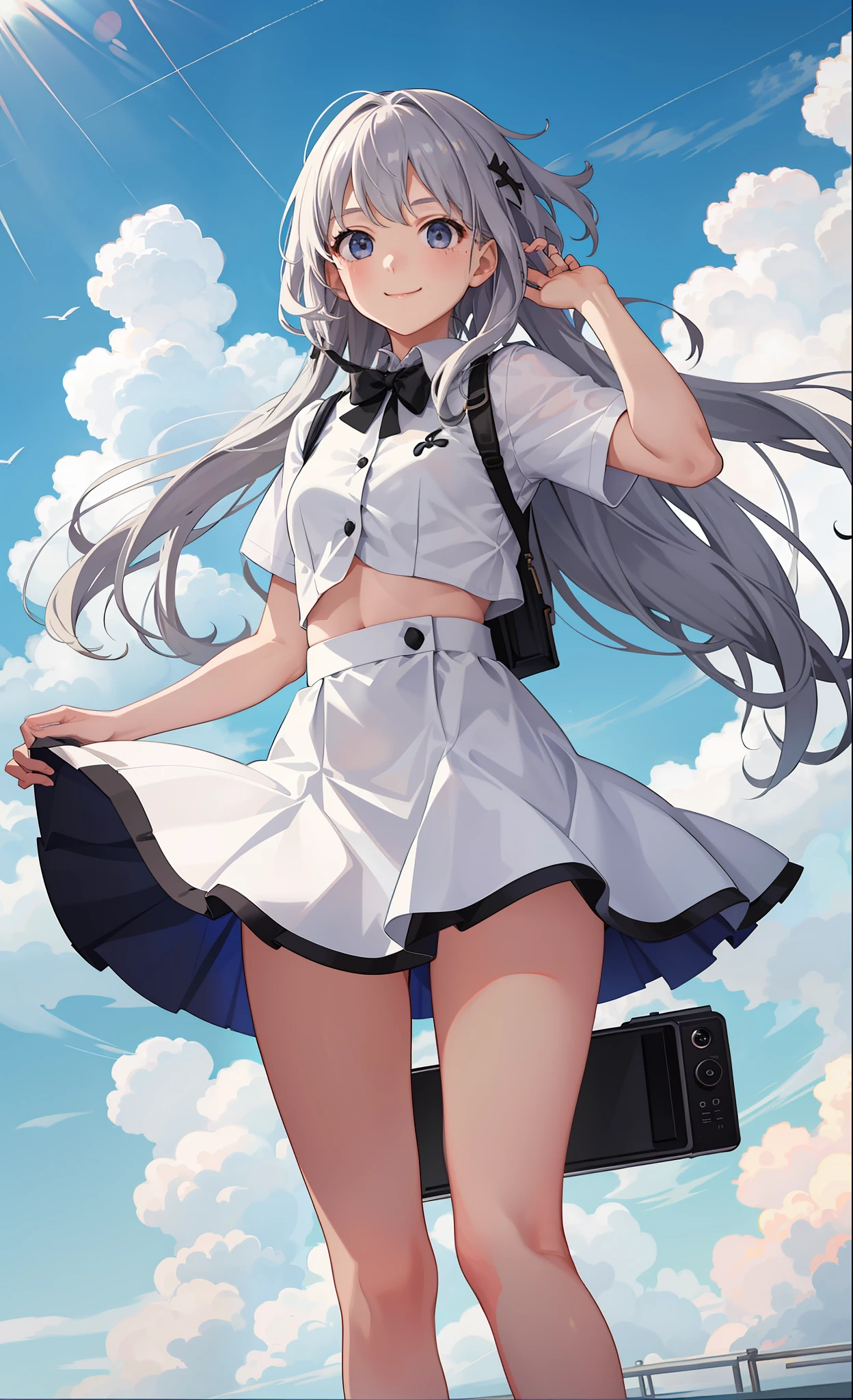 1girl in、A smile、The shirt、skirt by the、White fluffy dress、(small tits)、Chilarism、movement、the wind、crouching down、