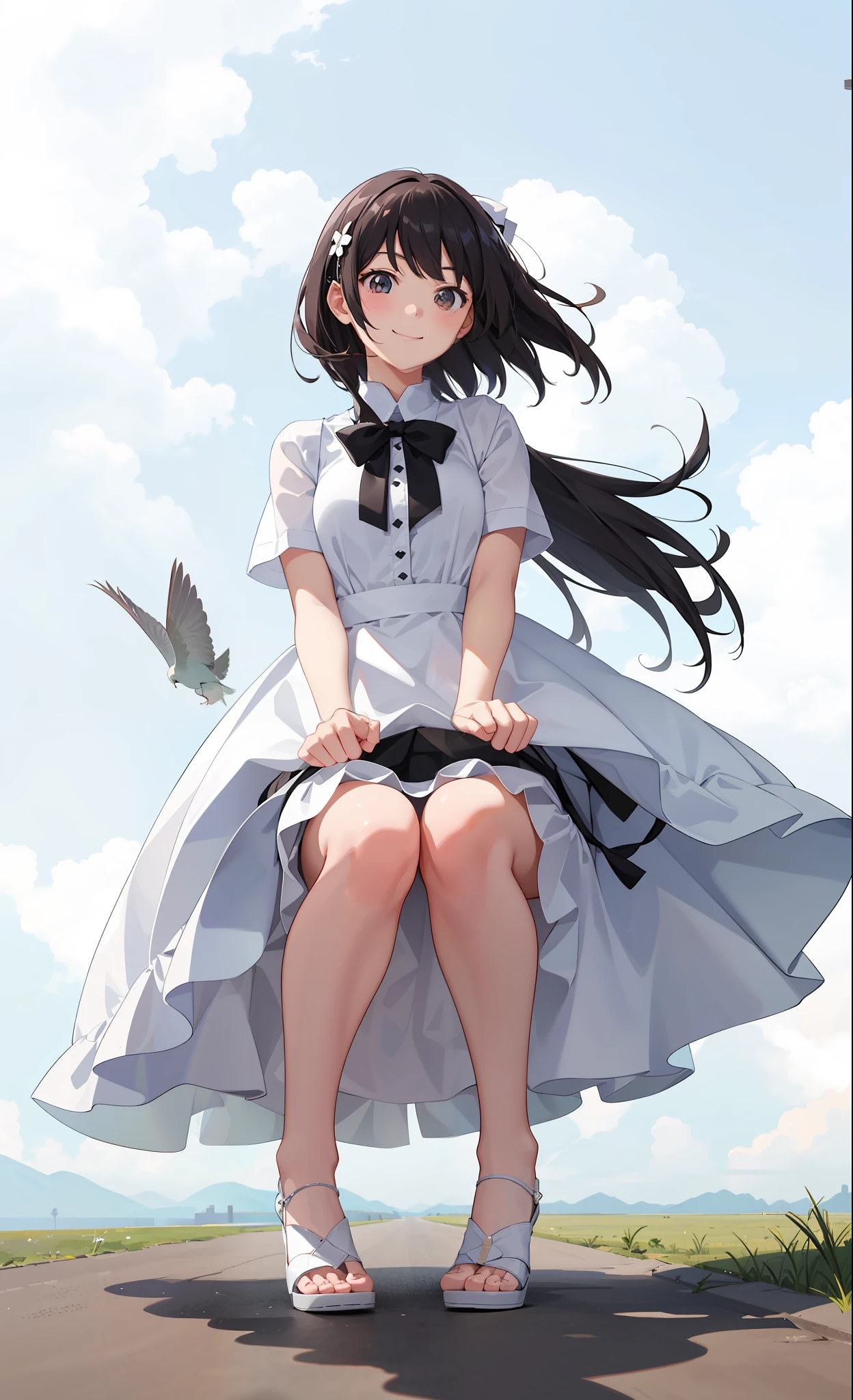 1girl in、A smile、The shirt、skirt by the、White fluffy dress、（small tits）、Chilarism、movement、the wind、crouching down、