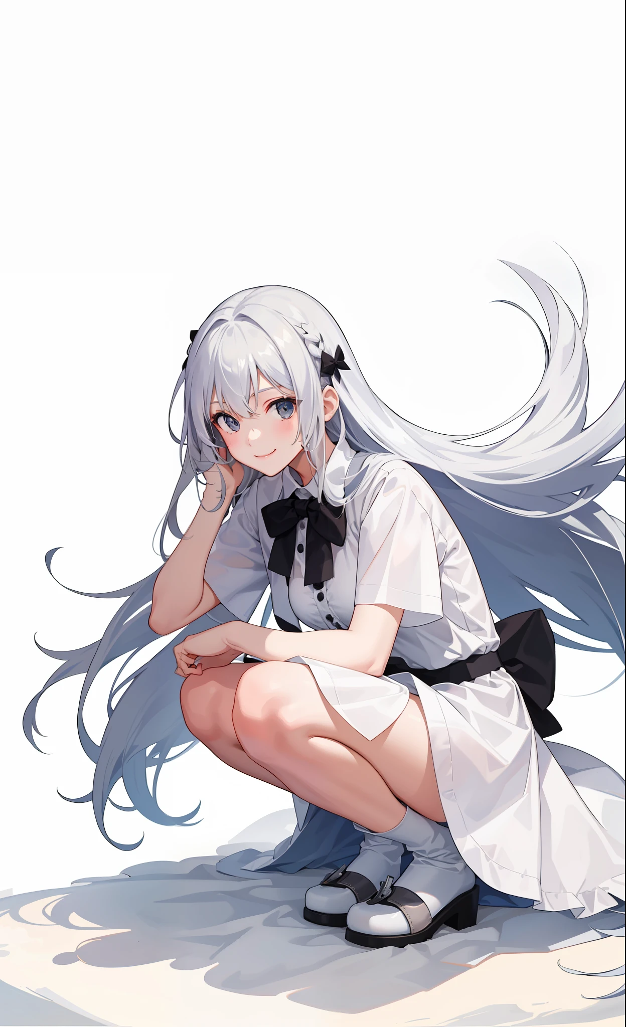 1girl in、A smile、The shirt、skirt by the、White fluffy dress、(small tits)、Chilarism、movement、the wind、crouching down、