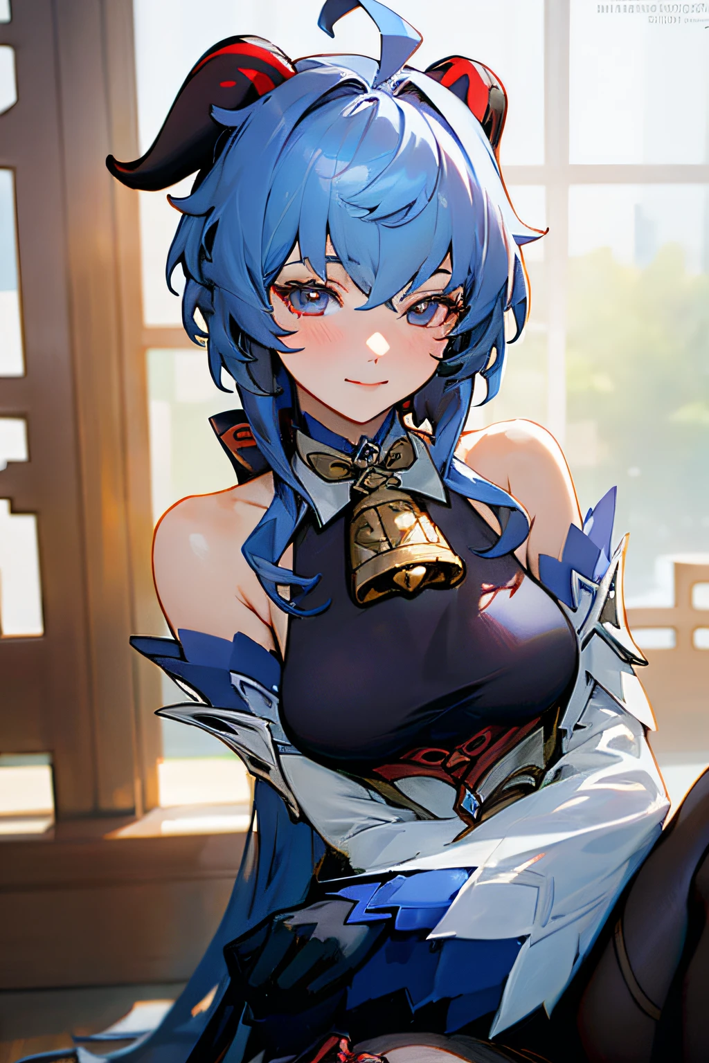 (photorealistic:1.4), (masterpiece, sidelighting, finely detailed beautiful eyes: 1.2), masterpiece*portrait, realistic, 3d face,
ganyu \(genshin impact\), 1girl, ahoge, architecture, bangs, bare shoulders, bell, black gloves, black pantyhose, (blue hair), blush, breasts, chinese knot, detached sleeves, flower knot, gloves, horns, long hair, looking at viewer, medium breasts, neck bell