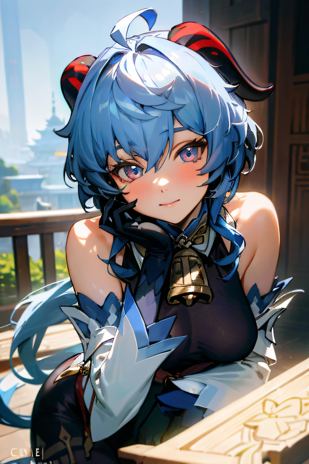 (photorealistic:1.4), (masterpiece, sidelighting, finely detailed beautiful eyes: 1.2), masterpiece*portrait, realistic, 3d face, 
ganyu \(genshin impact\), 1girl, ahoge, architecture, bangs, bare shoulders, bell, black gloves, black pantyhose, (blue hair), blush, breasts, chinese knot, detached sleeves, flower knot, gloves, horns, long hair, looking at viewer, medium breasts, neck bell