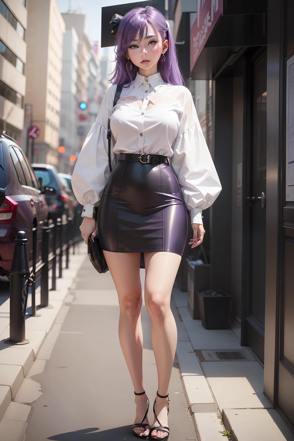 There is a woman with purple hair and a white shirt, TikTok, pixiv, In pixiv, Chic, Tumbler, popular on pixiv, [ Digital Art ]!!, trending in pixiv, Full body!, TikTok 4K UHD image, Top Rated on pixiv, pixiv style, Full body!!, !!Full body portrait!!