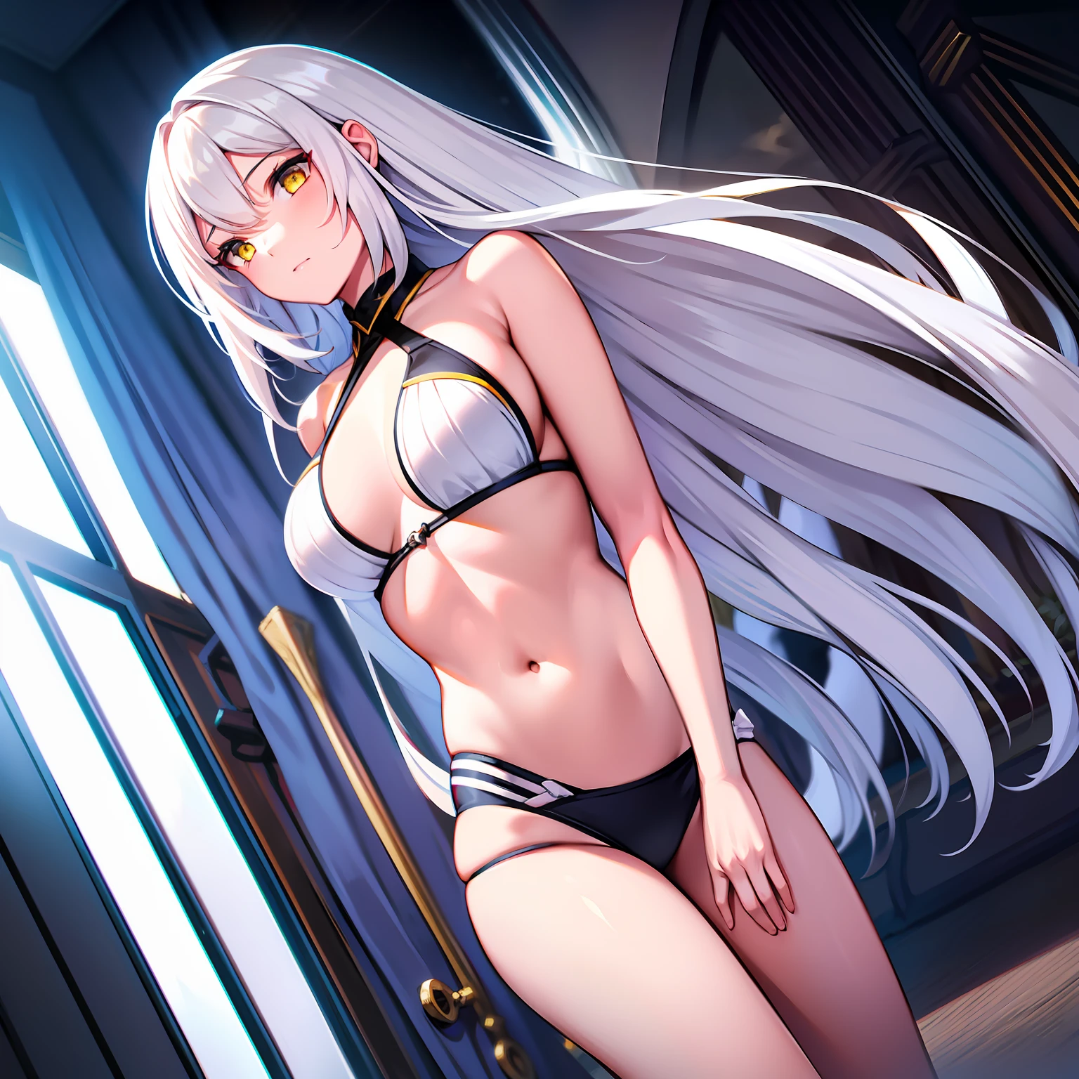 tmasterpiece， High- sharpness， Best quality at best， 1 girl solo，long  white hair，Yellow eyes，swim wears，Bigchest，Shy