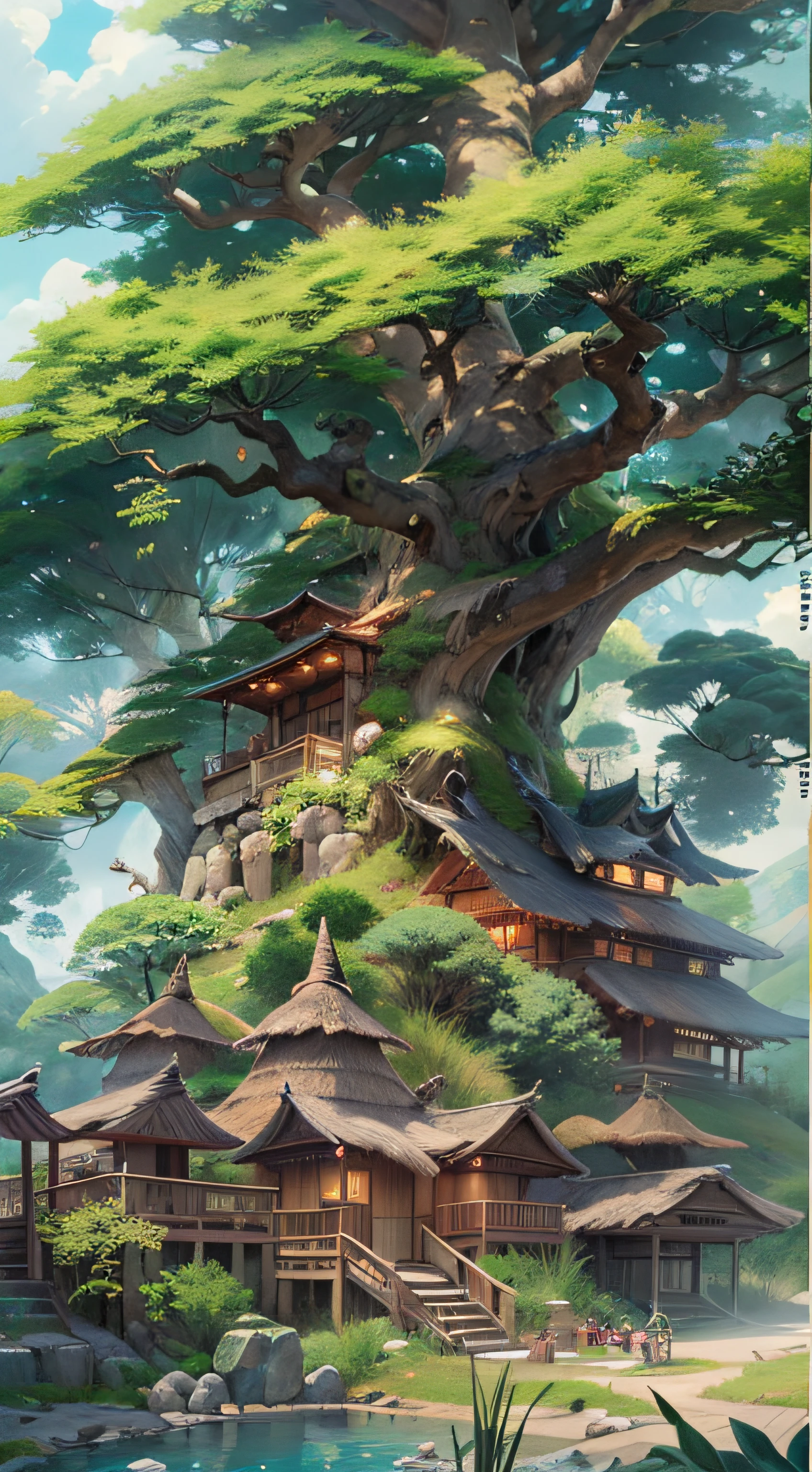 (tmasterpiece、best qualtiy)A huge ancient tree((Glowing spirit tree、with light glowing))、illumination、thatched hut、springtime、jungles、lakes、grassy fields、Rochas、hot onsen、hydrosphere、surrounded by cloud,(illustratio:1.0)、Epic composition、Realistic lighting、high definition detail、high definition resolution,8K wallpaper