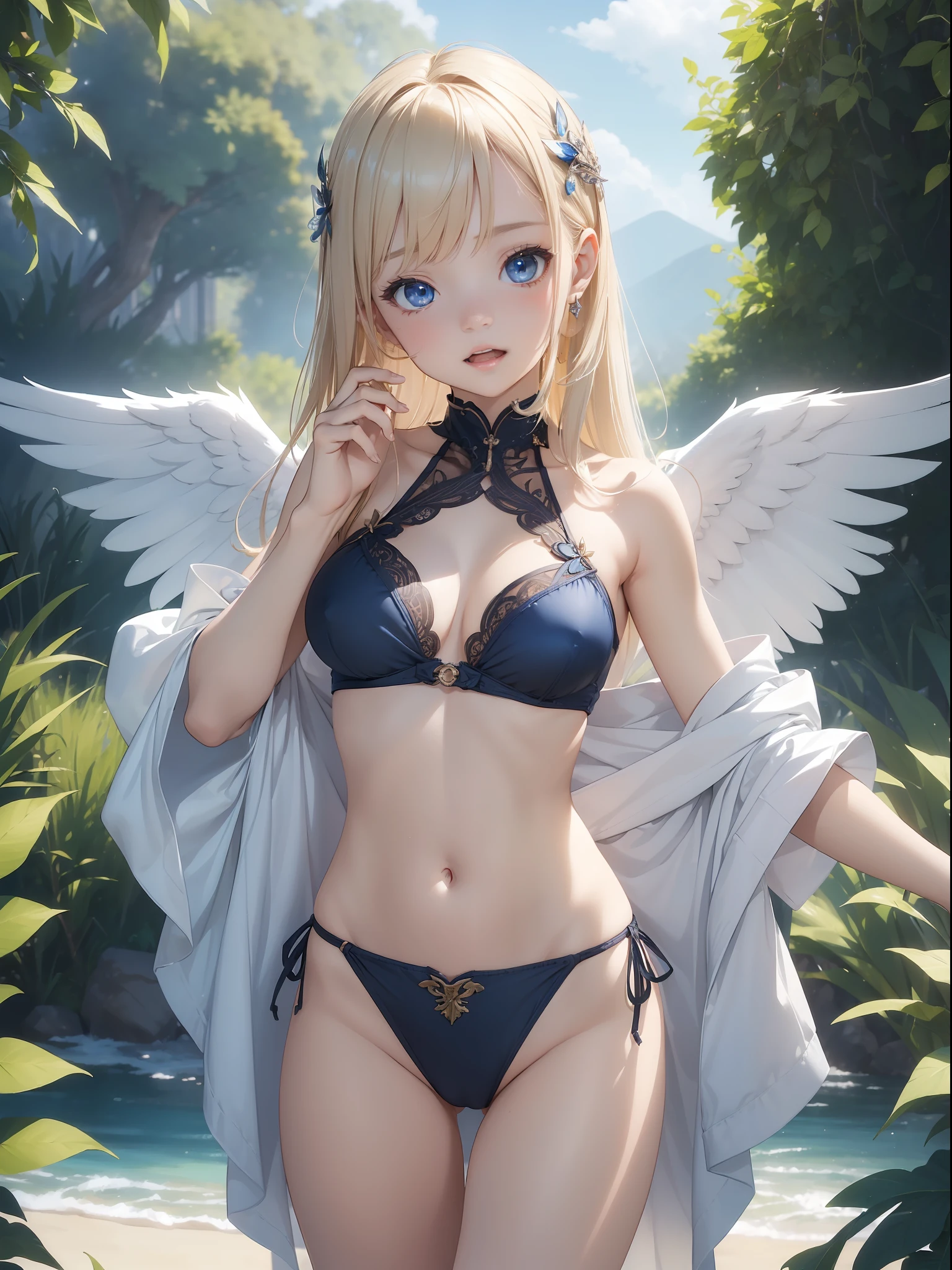 (((((kid)))))、1girl、独奏、blue eyess、wingspan、swim wears、Long、The bikini、Navel、a blond、breastsout、Days ies empty、the ring、o-ring、looking at the spectator、clouds、blue-sky、plein air、daysies、chain、middlebreast、open open mouth、Smiled、the angel's wings, (Dynamic Pose, Very detailed and beautiful girl, intricate-detail, Beautiful detailed girl, Game CG, Highly detailed body, delicate and intricate hair, realistic and detailed face, Highly detailed eyes and face, Intricate details are beautiful and delicate eyes, Delicate arm and hands, Human Hands, Real skin texture, Exquisite fabric, plein air, Indoor , beautiful and clear background, absurdity, High-precision details, Highly detailed CG Unity 8K, Ultra-detailed)