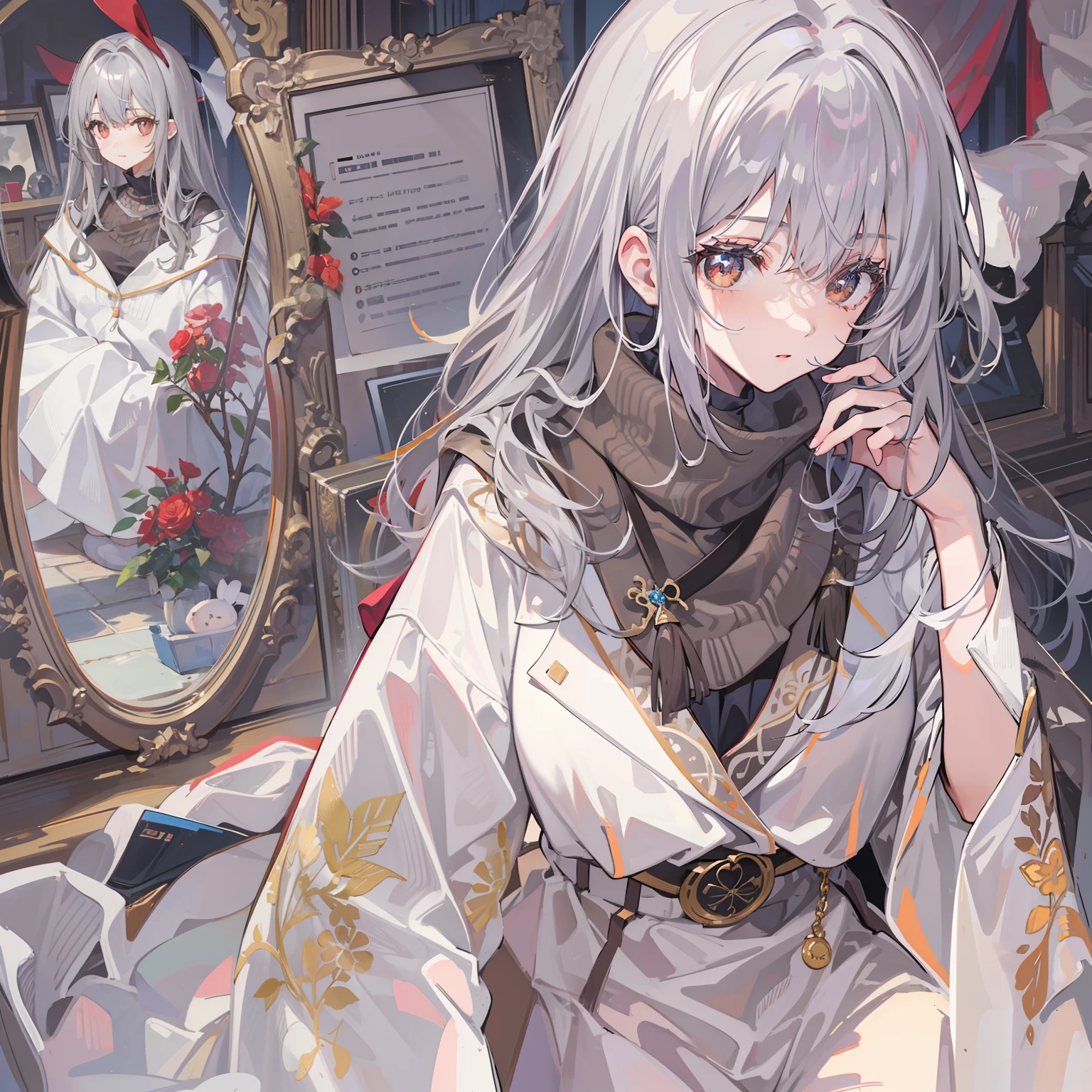 tmasterpiece,Best quality at best,one-girl,Gray hair,Brown eyes,