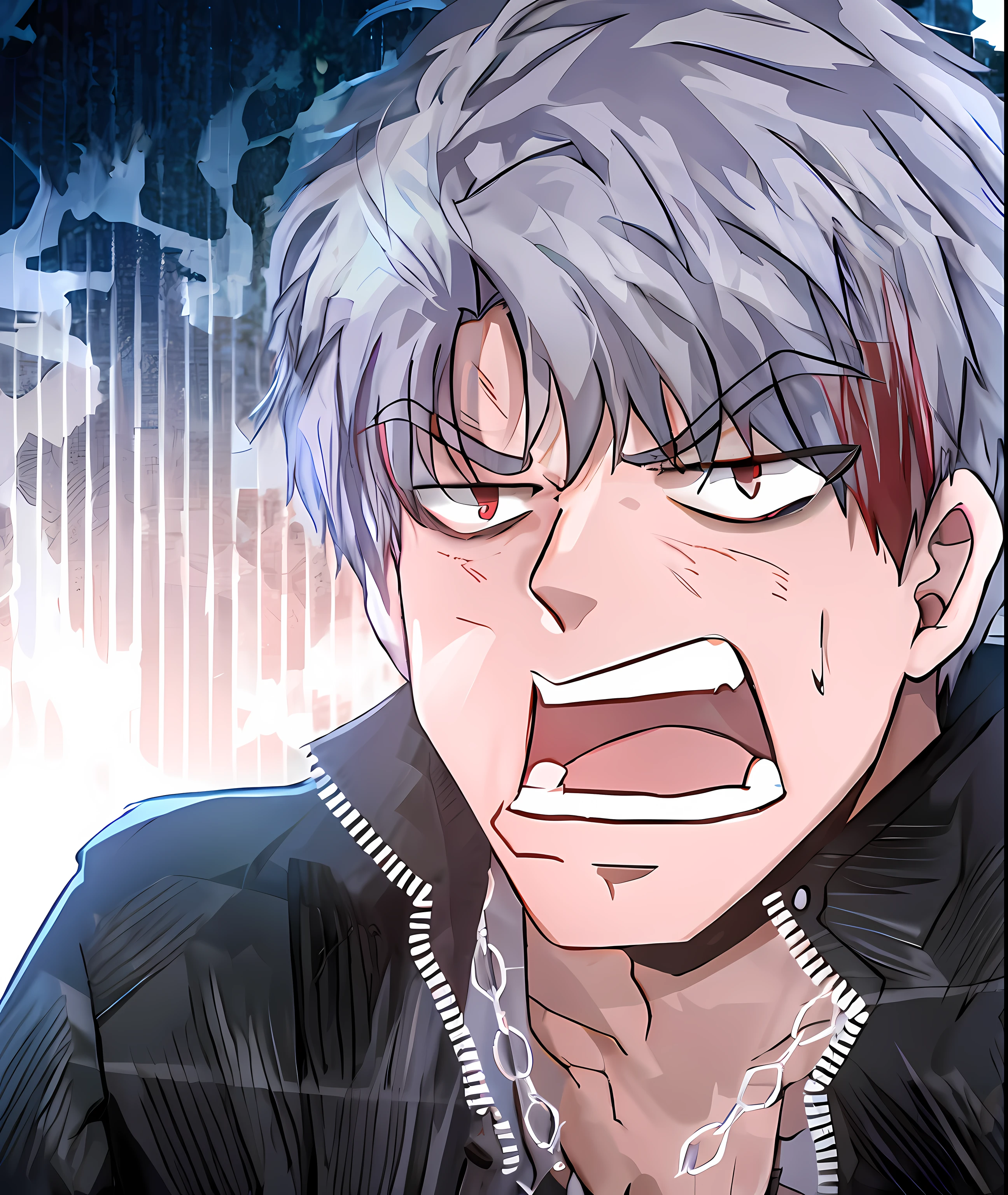 Anime characters with gray hair and red eyes in black jackets, giga chad crying, highly detailed angry anime face, hijikata toushirou of gintama, he has dark grey hairs, he was angry, kaneki ken, irritated, looking furious, kaneki ken, he's very menacing and evil, roguish smirk