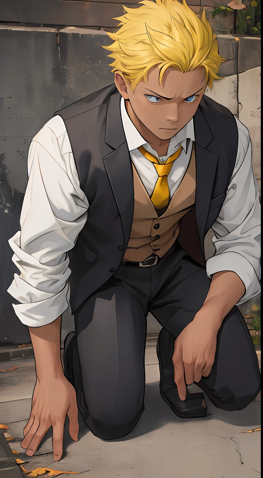 (1 Adult male),A high resolution, Sharp focus, Pixiv masterpiece, ((Complicated details)), highly detailed, natsuki_subaru, 1 man,black-skinned,Defeat, crestfallen,full bodyesbian,kneels on the ground, (A gesture of pleading),blue color eyes(eyes glowing), Short yellow hair,white shirt,Wear a tie,Wear a belt,perspire,look from down