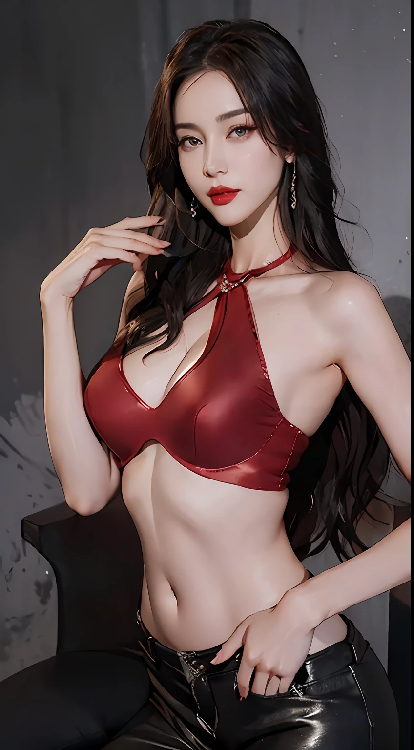 girl with, bangss, bare shoulders​, Black pants, breastsout, Breasts squeezed together, greybackground, hair between eye, huge-breasted, length hair, Look at viewers, Underpants, cparted lips, red eyes, The shirt, simple background, Sleeveless, sleeveless shirts, 独奏, turtle neck, V arm, blonde  hair,(shinny skin),(​masterpiece:1.4),(top-quality:1.4),Facigirl,red-lips、Perfect Abs、Navel Ejection、(teats:1.5)、(Sheer areola)、teats、爆乳、perspiring、Slender body、hyperdetailed face、ultradetailed eyes