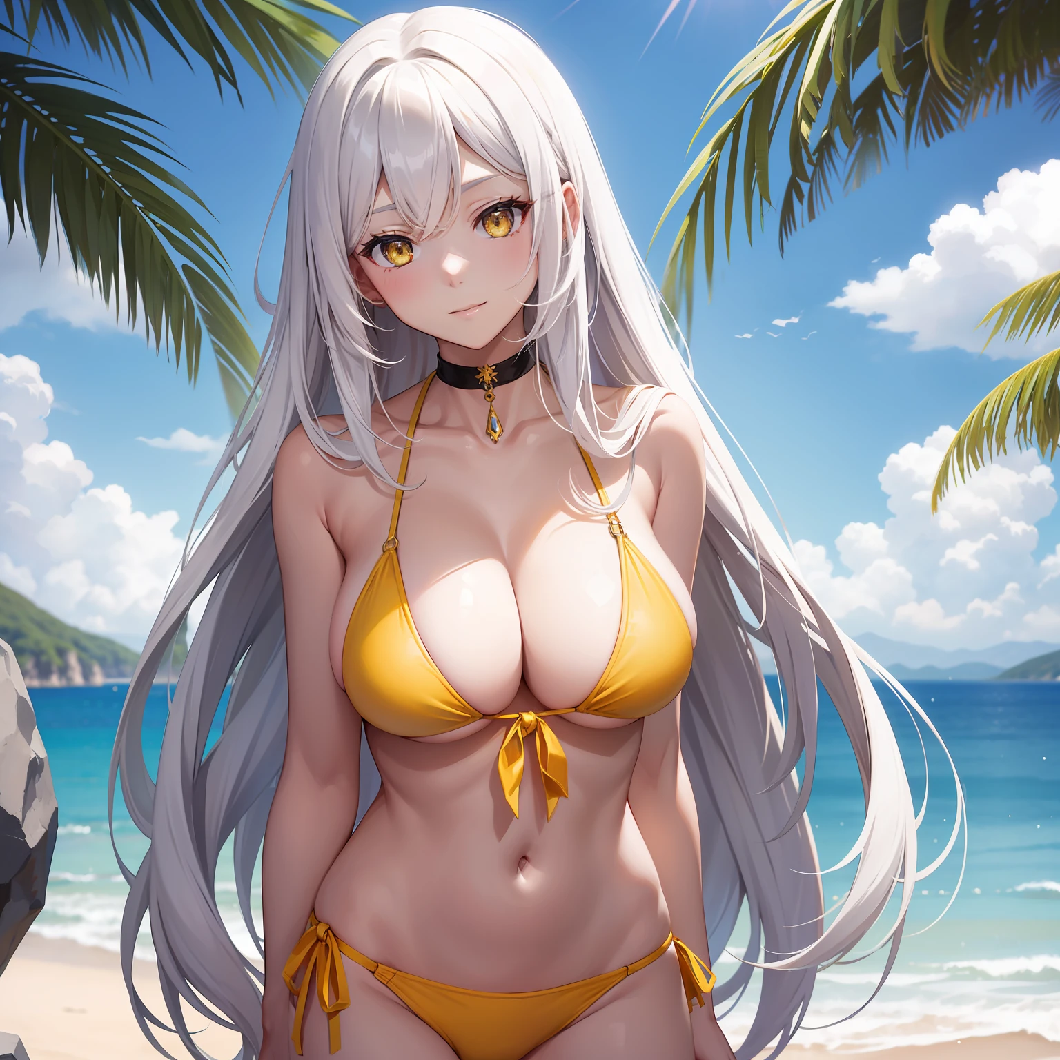 tmasterpiece, High- sharpness, Best quality at best, 1 girl solo,long white hair,Yellow eyes,Bikini swimwear,Bigchest,Shy,Humanity