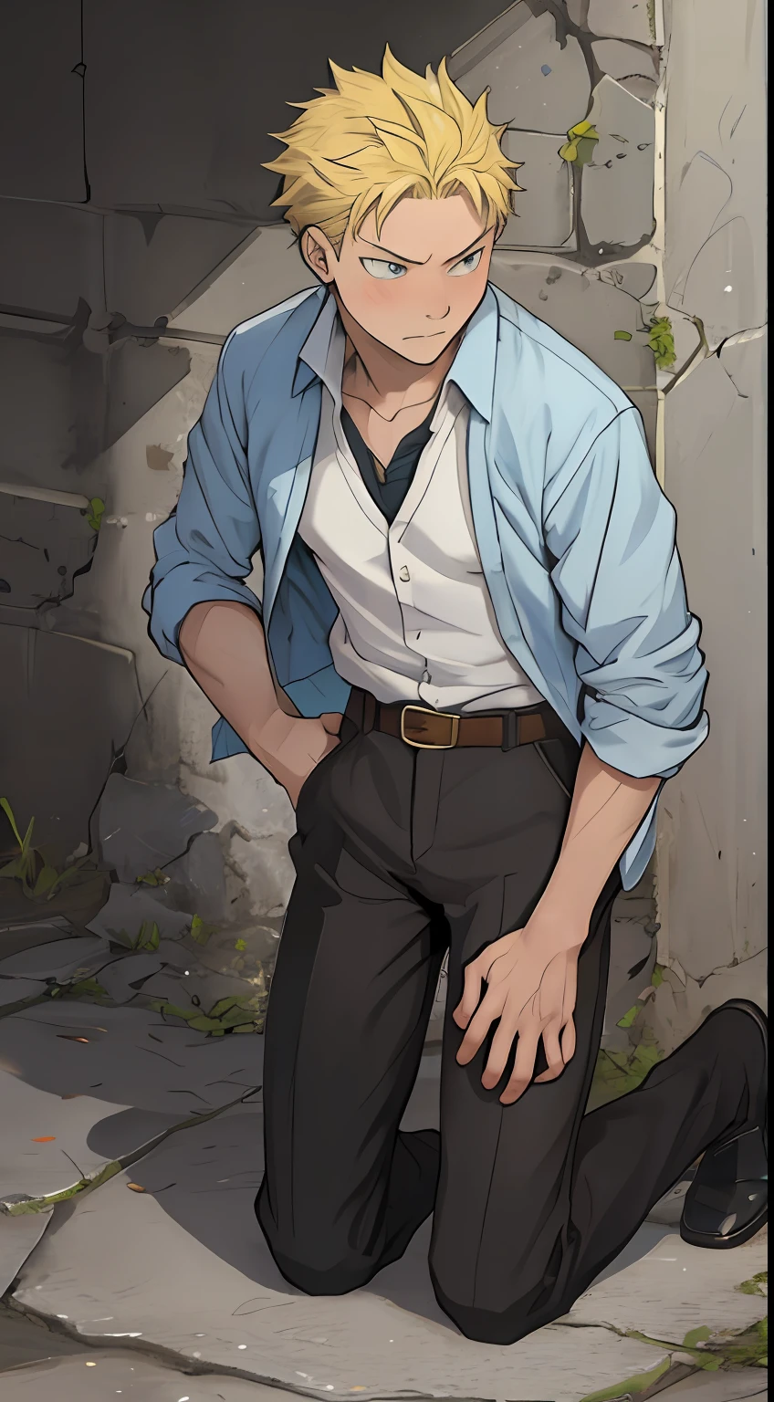 （1 Adult male），A high resolution， Sharp focus， Pixiv masterpiece， （（Complicated details））， highly  detailed， natsuki_subaru， 1 man，Defeat， crestfallen，full bodyesbian，kneels on the ground， （A gesture of pleading），blue color eyes（eyes glowing）， Short yellow hair，white  shirt，Wear a tie，Wear a belt，perspire，look from down