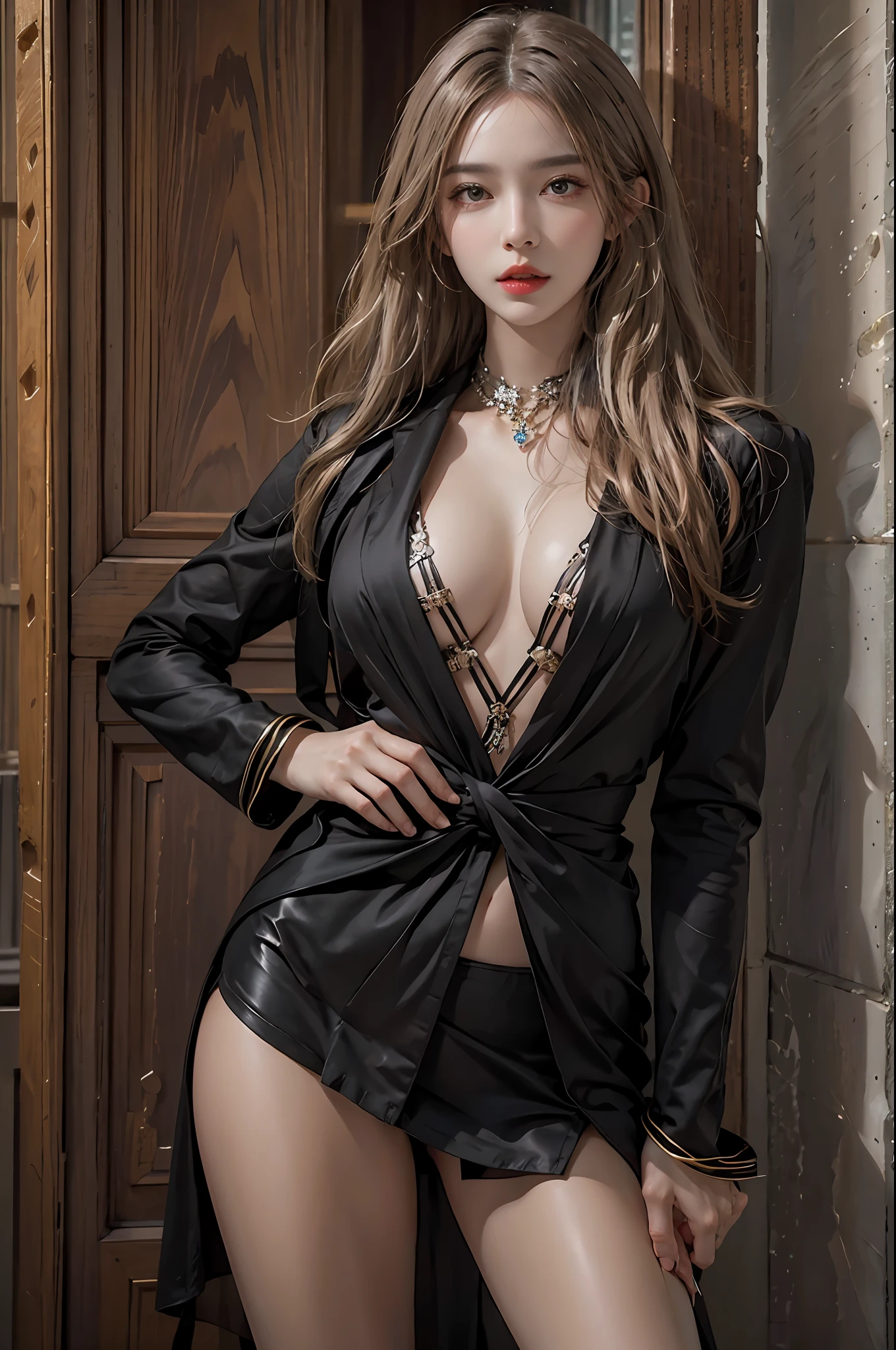 photorealistic, high resolution, 1women, solo, hips up, look at viewer, (detailed face), blode hair, black elegant suit, jewelry