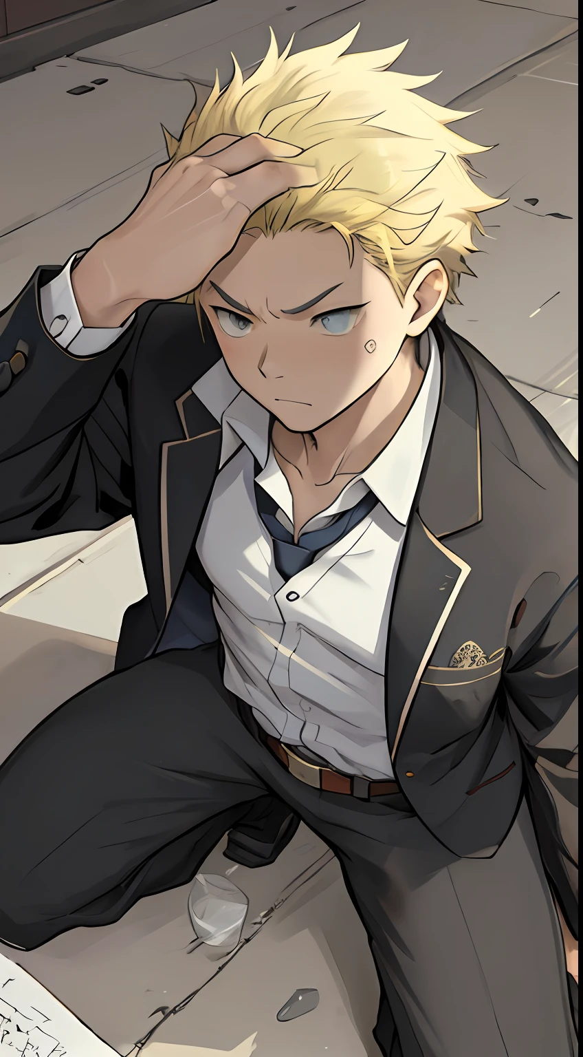 （1 Adult male），A high resolution， Sharp focus， Pixiv masterpiece， （（Complicated details））， highly  detailed， natsuki_subaru， 1 man，Defeat， crestfallen，full bodyesbian，kneels on the ground， （A gesture of pleading），blue color eyes（eyes glowing）， Short yellow hair，white  shirt，Wear a tie，Wear a belt，perspire，look from down