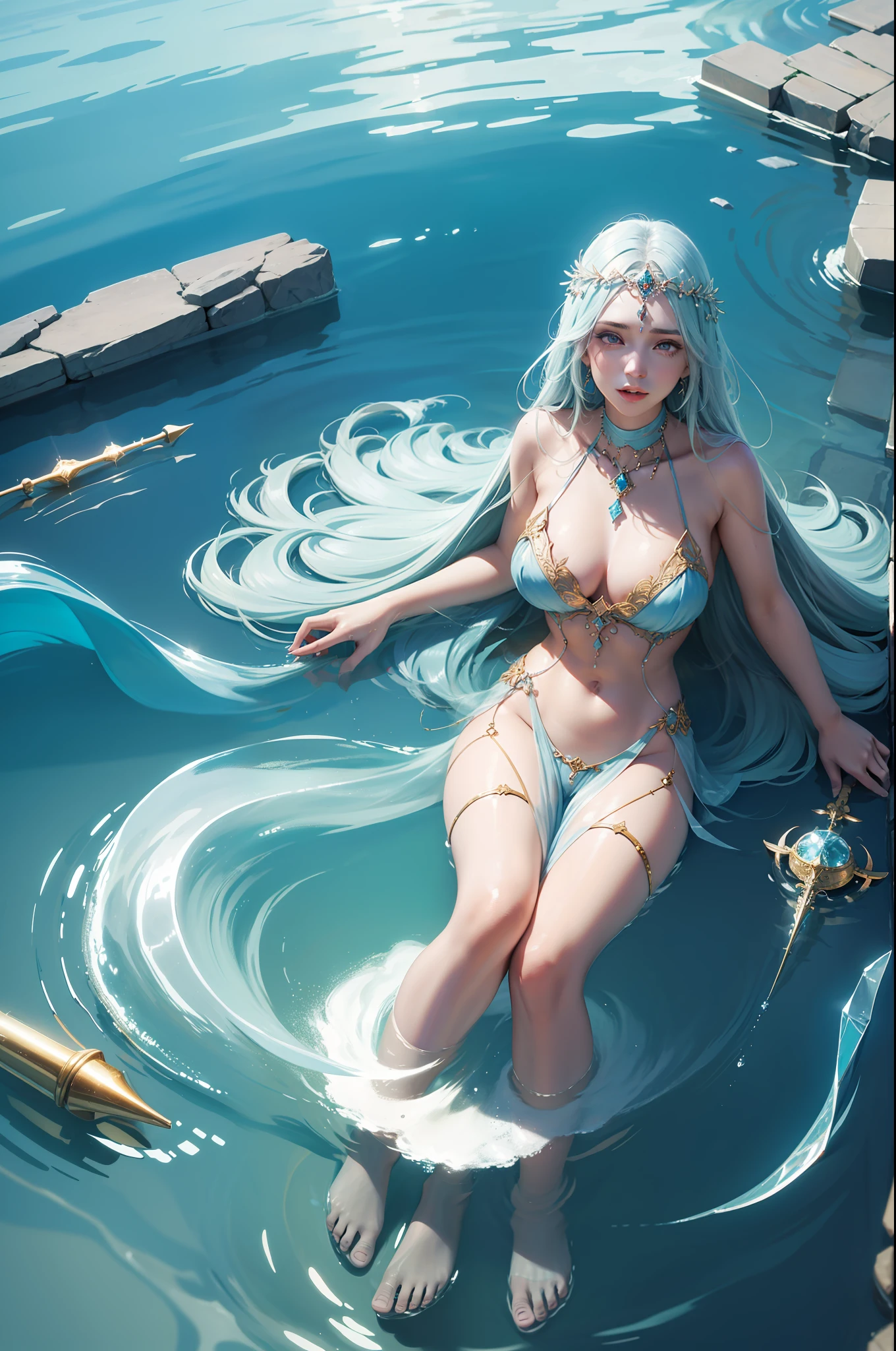 an ancient persian goddess of water, knowledge and peace, holy light shines, mirror, crystal, glory, luxury, first love, feel like in heaven, precious sunbeams reflect on the surface of the water, penetrating into the water's deeper layers and creating iridescent reflections,dreamy, dreamlike, muse, heavenly soft light, smooth, hyper-detailed, beautifully color-coded, photorealistic, intense shading, clean sharp focus, depth of field, dynamic angle, dynamic composition, bokeh