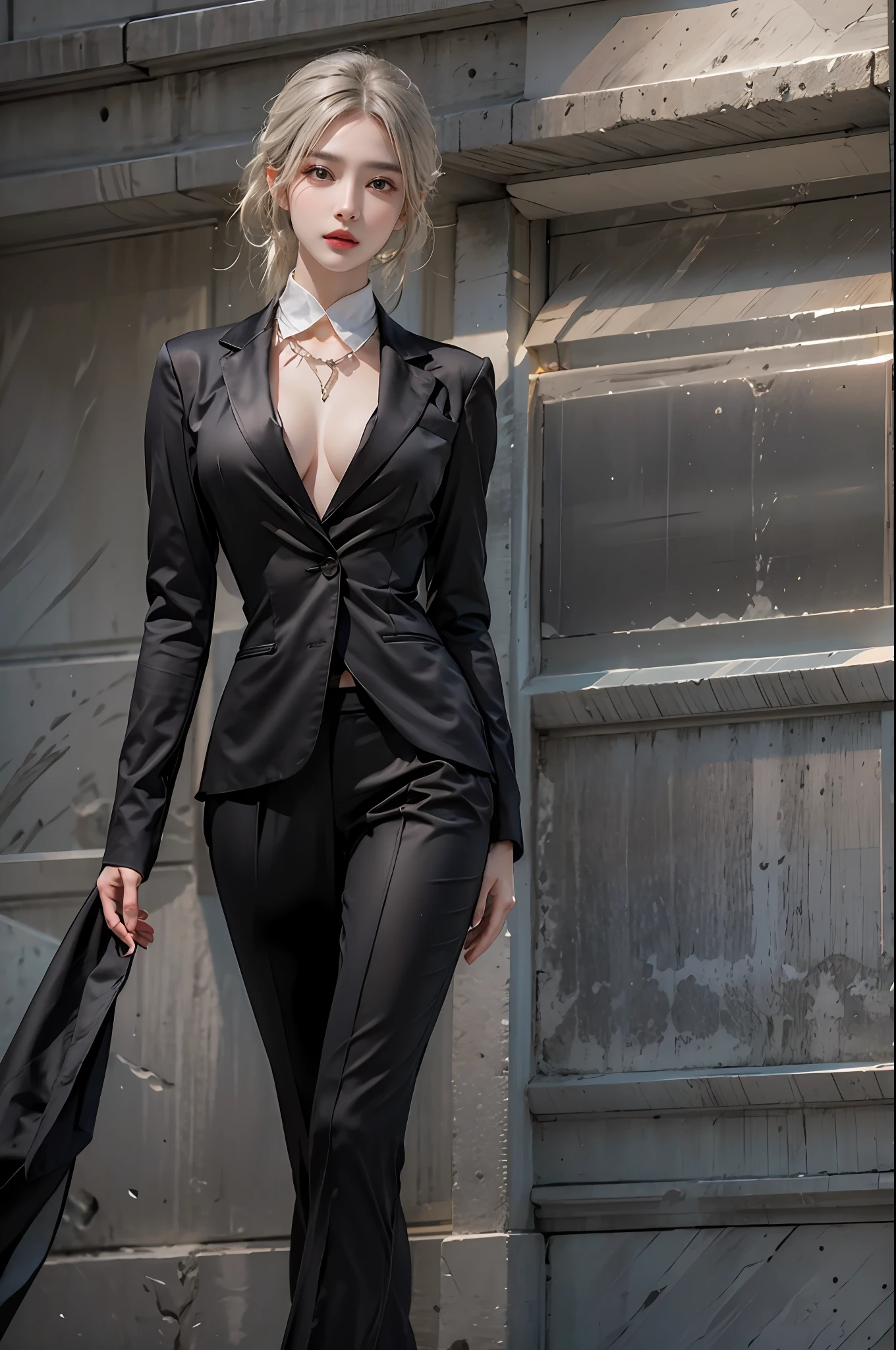 photorealistic, high resolution, 1women, solo, hips up, look at viewer, (detailed face), blode hair, black elegant suit, jewelry