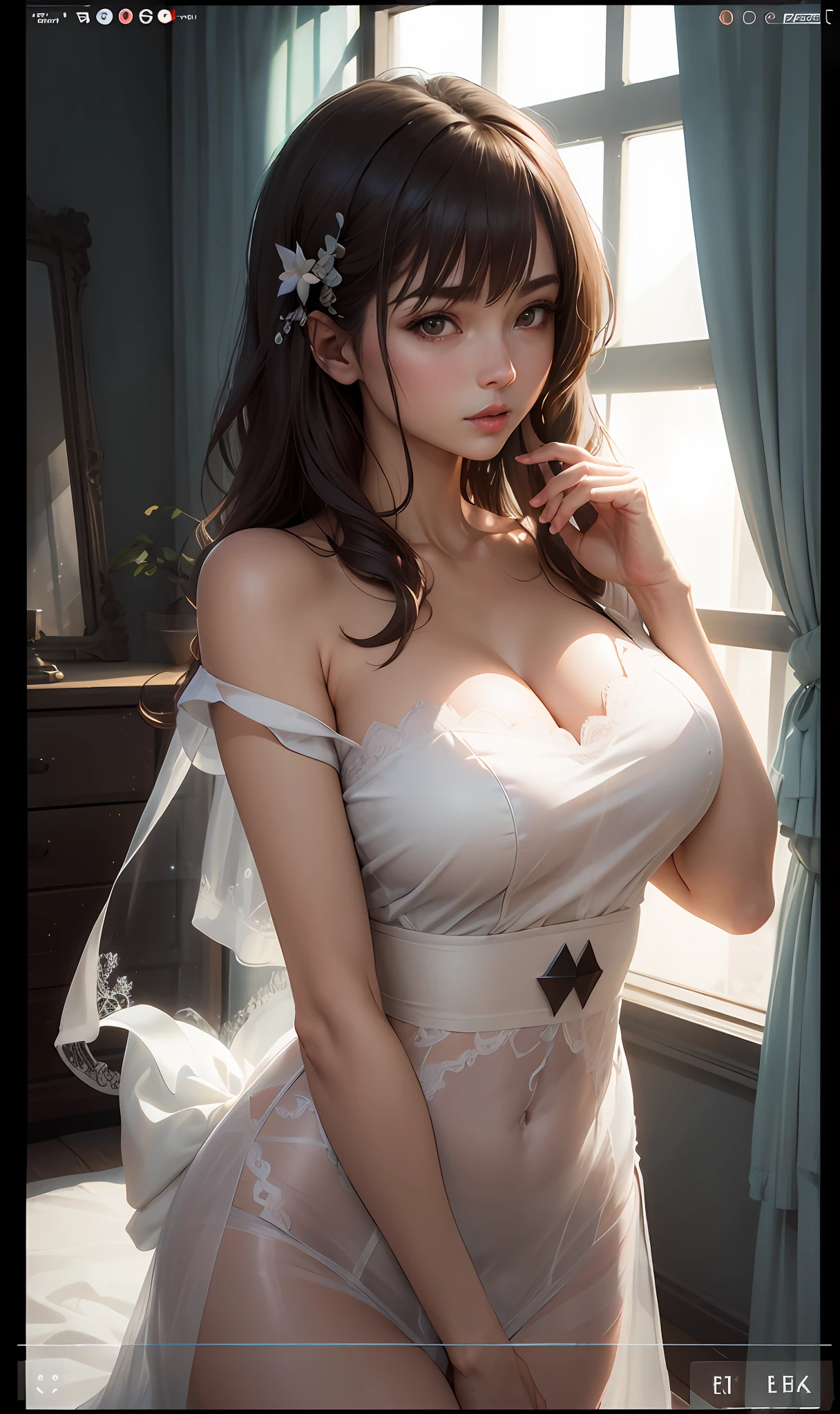 ((best qualtiy)), ((tmasterpiece)), (the detail:1.4), 3D, A beautiful cyberpunk female image,hdr（HighDynamicRange）,Ray traching,NVIDIA RTX,Hyper-Resolution,Unreal 5,Subsurface scattering、PBR Texture、post-proces、Anisotropy Filtering、depth of fields、maximum definition and sharpness、Many-Layer Textures、Albedo e mapas Speculares、Surface coloring、Accurate simulation of light-material interactions、perfectly proportions、rendering by octane、Two-colored light、largeaperture、Low ISO、White balance、the rule of thirds、8K raw data、((best qualtiy)), ((tmasterpiece)), (the detail:1.4), Busty body 3D,Front fill light,hdr（HighDynamicRange）,Ray traching,NVIDIA RTX,Hyper-Resolution,Unreal 5,Subsurface scattering、PBR Texture、post-proces、Anisotropy Filtering、depth of fields、maximum definition and sharpness、Many-Layer Textures、Albedo e mapas Speculares、Surface coloring、Accurate simulation of light-material interactions、perfectly proportions、rendering by octane、Two-colored light、largeaperture、Low ISO、White balance、the rule of thirds、8K raw data、Raised translucent top, Smaller top, Smaller white lace shorts, Raised, Mature feminization, Flattering eyes, White lace translucent top，Flat bare abdomen, Snow-white thighs, White lace stockings, Bare arms, Mature charm deep V open neck, Long reddish-brown shiny hair, White lace translucent shorts perfect body 9 head beauty fuller hips