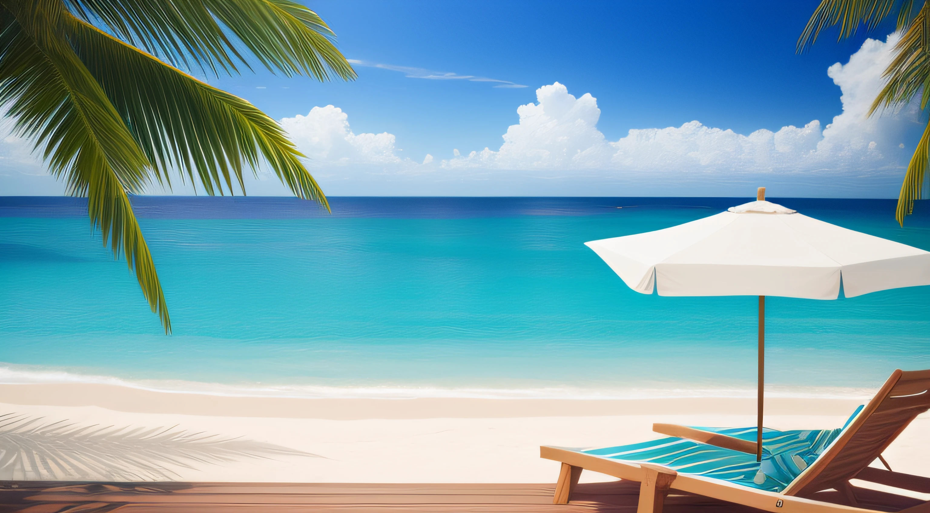 sea surface,sandbeach,Skysky,palm fronds,deck chair