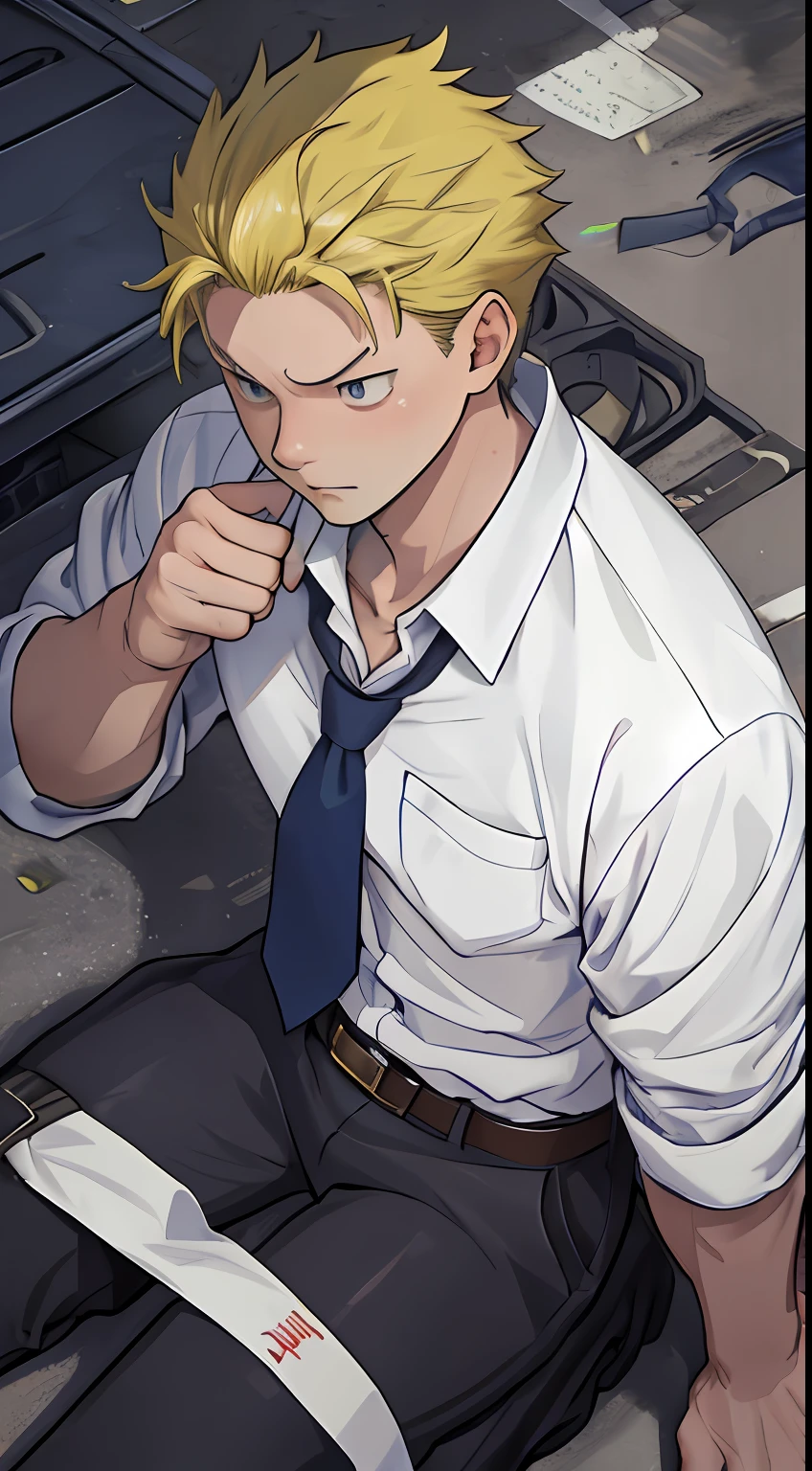 （1 Adult male），A high resolution， Sharp focus， Pixiv masterpiece， （（Complicated details））， highly  detailed， natsuki_subaru， 1 man，Defeat， crestfallen，full bodyesbian，kneels on the ground， （A gesture of pleading），blue color eyes（eyes glowing）， Short yellow hair，white  shirt，Wear a tie，Wear a belt，perspire，look from down