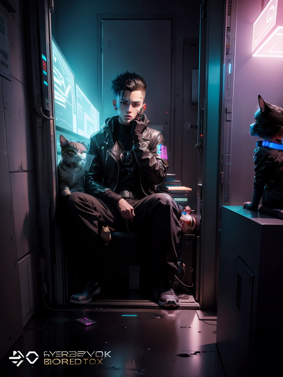 Cyberpunk boy with cat