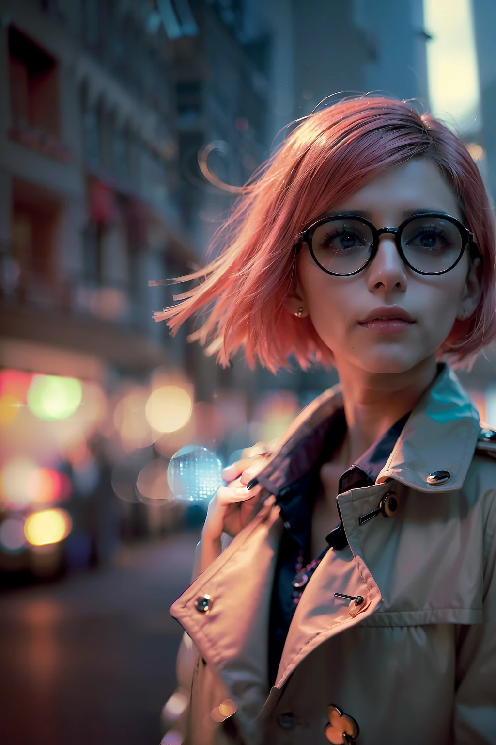 ( 
    (Character: one french woman, detective, slim body, slim, pink hair. shaved side haircut)
    (Clothing: pink trench coat, black shirt, glasses, boots)
    (Pose: upper body shot:1.7, dynamic pose)
    (blurry, intense urban lights in background) 
    (Style: ((masterpiece:1.5)), (face detailed), photo-realistic:1.3, hyperrealistic, foggy, high contrast, shiny skin, soft lighting, backlighting, bloom, light sparkles, chromatic aberration)